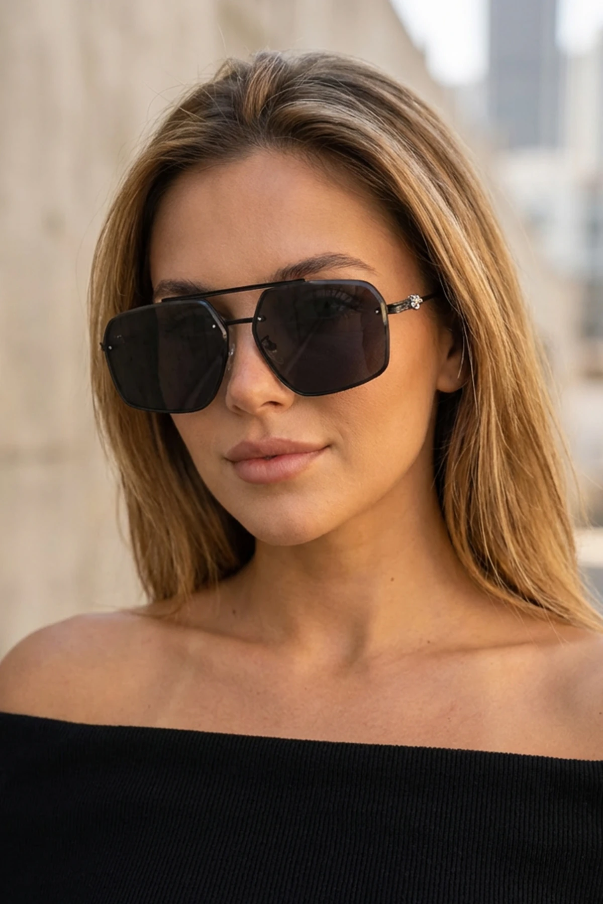 Boris Metal Detaylı Dikdörtgen Güneş Gözlüğü - Siyah