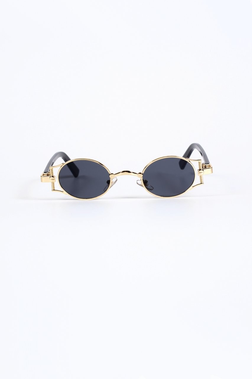 Fiona Vintage Metal Oval Küçük Güneş Gözlüğü - Siyah Cam Gold Çerçeve