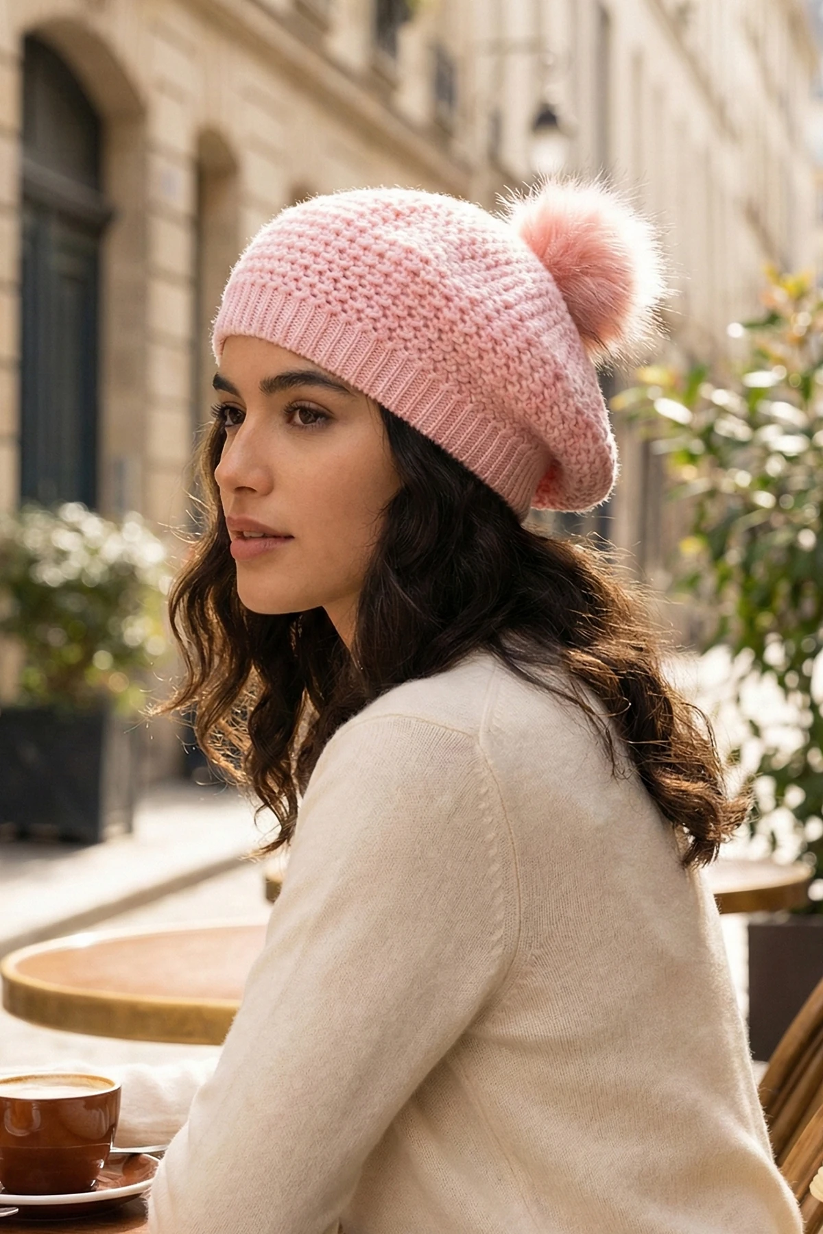 Ponponlu Örgü Ressam Beresi - Pembe