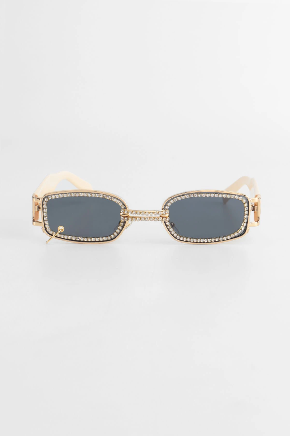 Kristal Taşlı Minimal Küpeli Güneş Gözlüğü - Bej