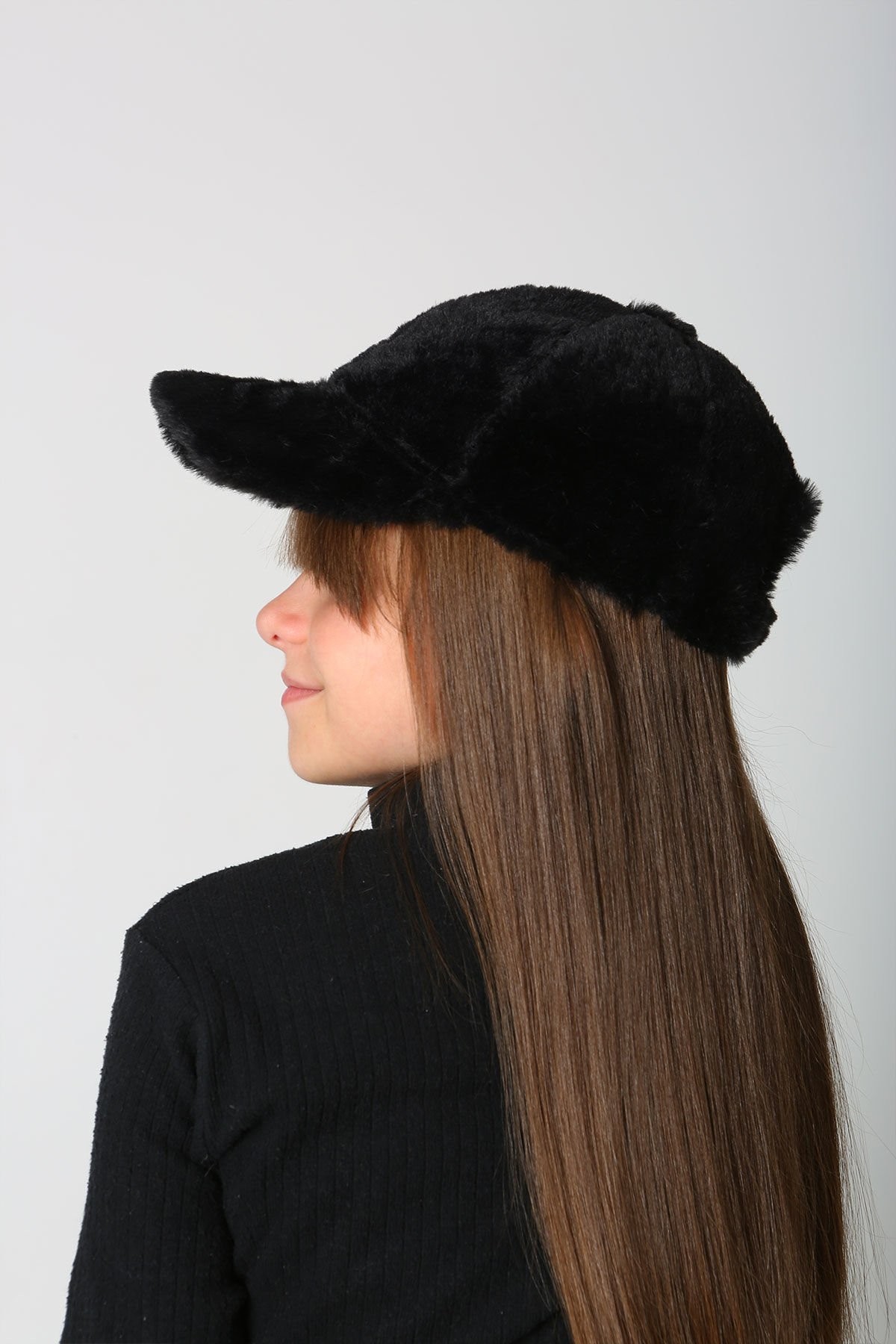 Çocuk Kürk Peluş Baseball Cap Şapka - Siyah