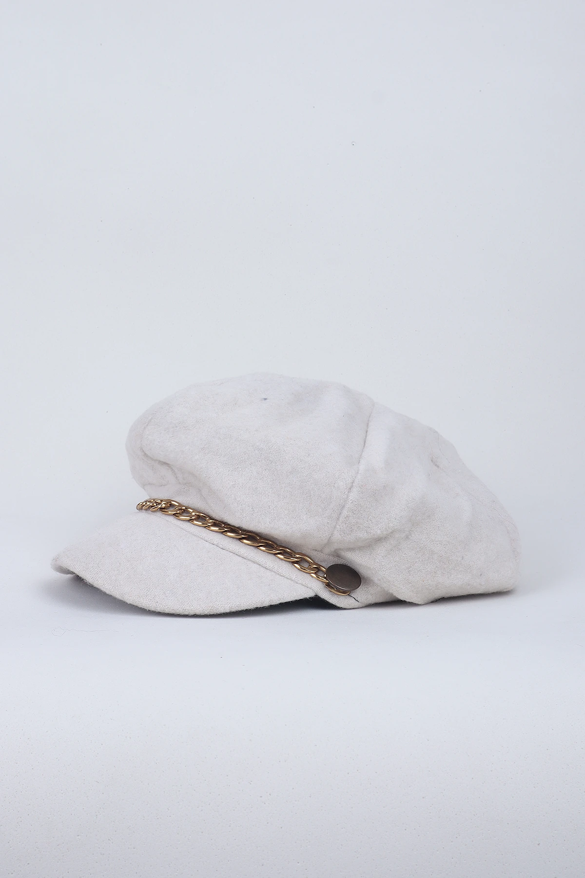 Zincir Detaylı Kaşe Kadın Balon Kasket Şapka - Ekru