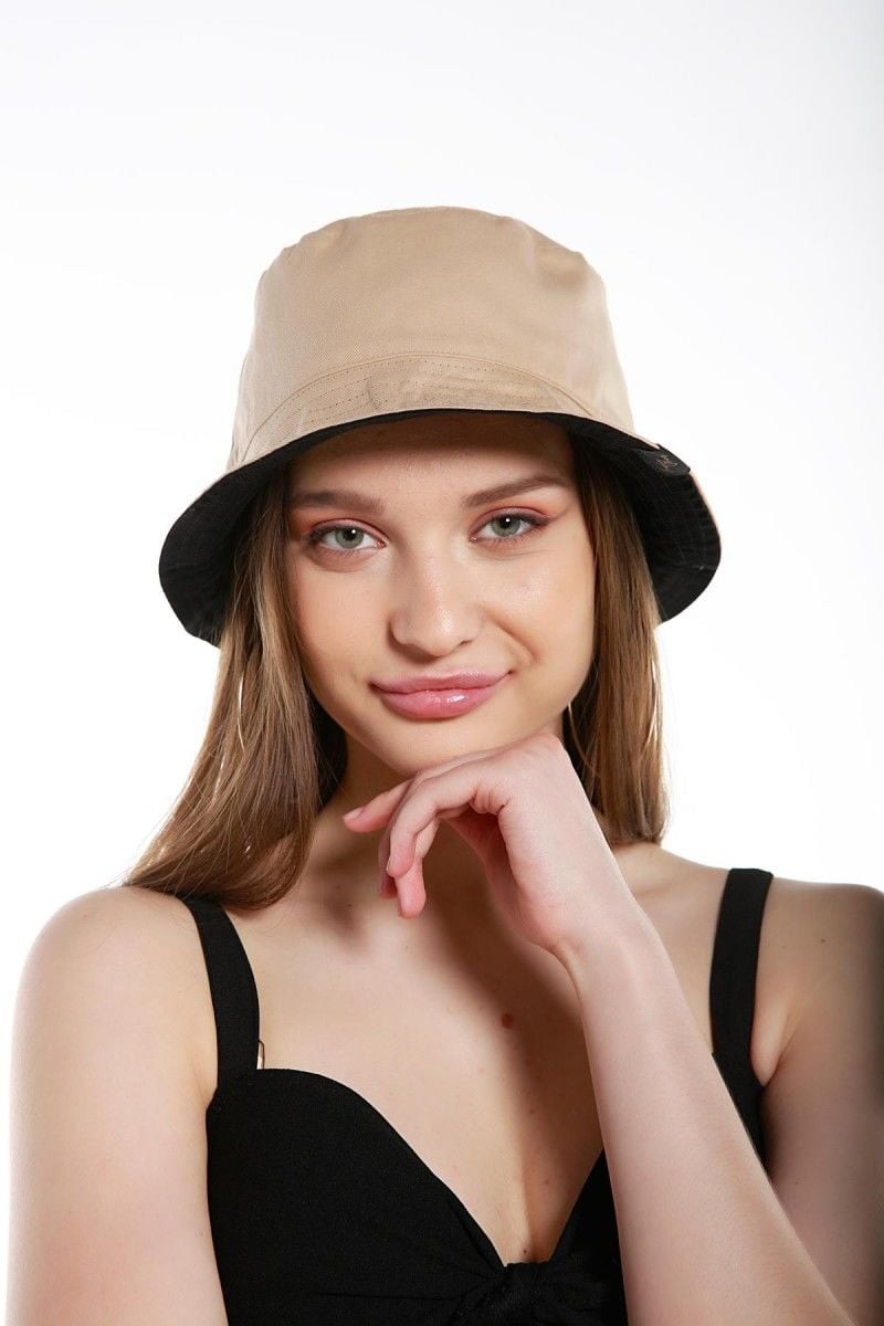 Çift Taraflı Kumaş Yuvarlak Bucket Şapka - Siyah / Bej