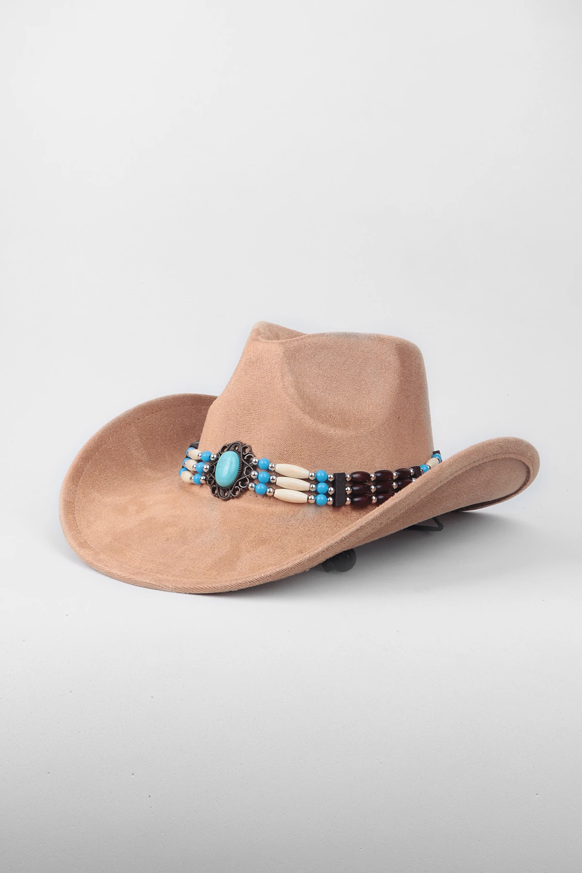 Kovboy Boncuk Kemer Detaylı Taş Figürlü Fötr Şapka - Bej
