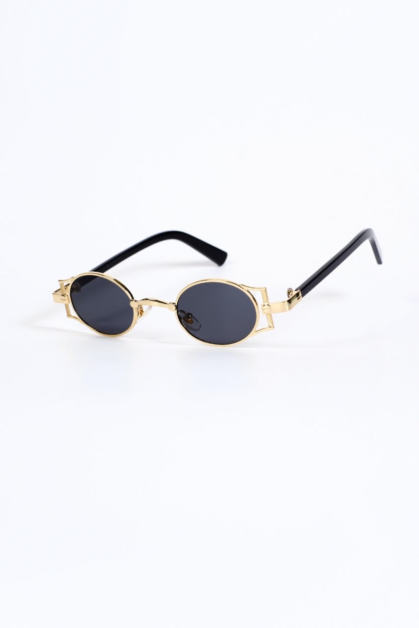 Fiona Vintage Metal Oval Küçük Güneş Gözlüğü - Siyah Cam Gold Çerçeve