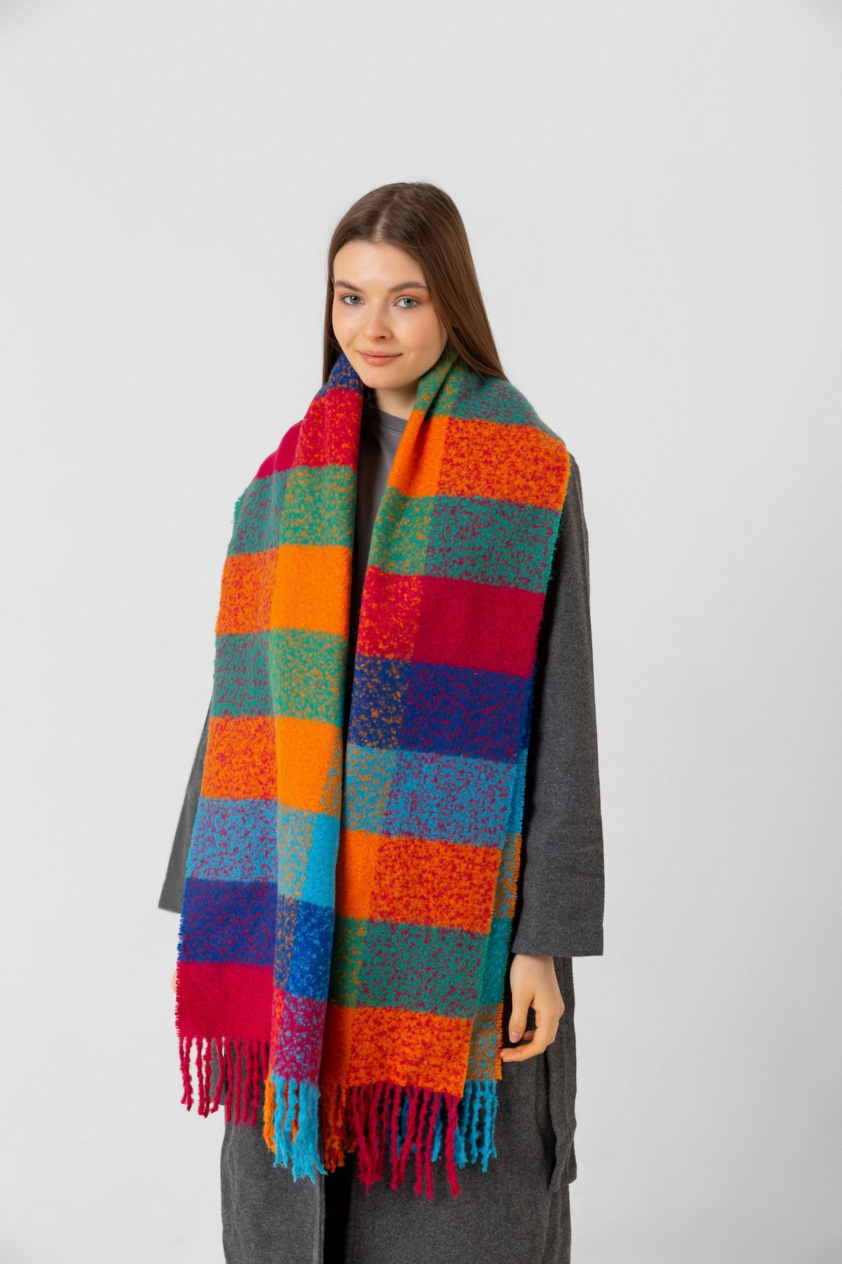 Turuncu Kare Desenli Püsküllü Kalın Sıcak Tutan Şık Kışlık Atkı Sal1292