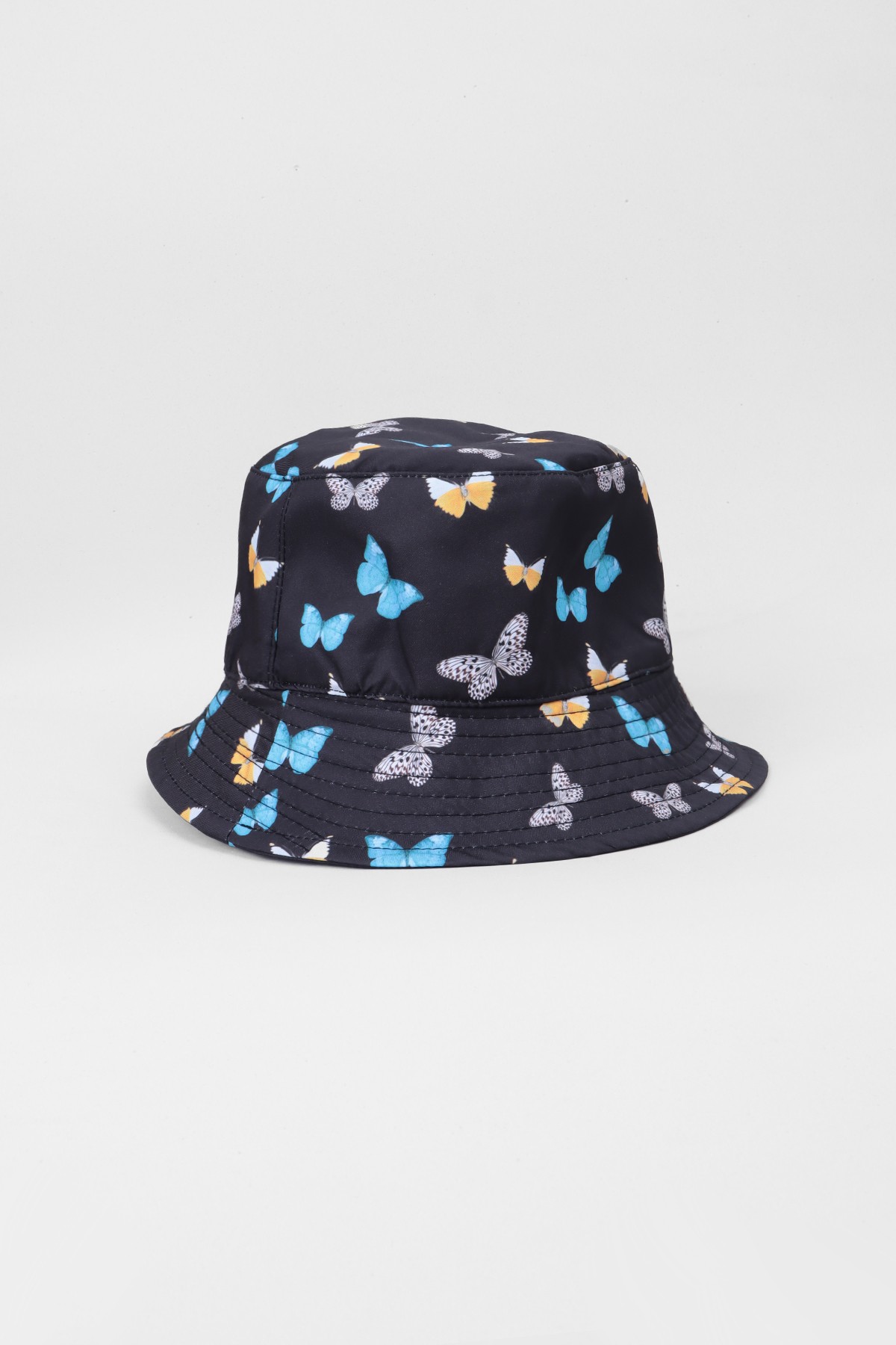 Kelebek Desenli Bucket Kova Kumaş Şapka - Siyah