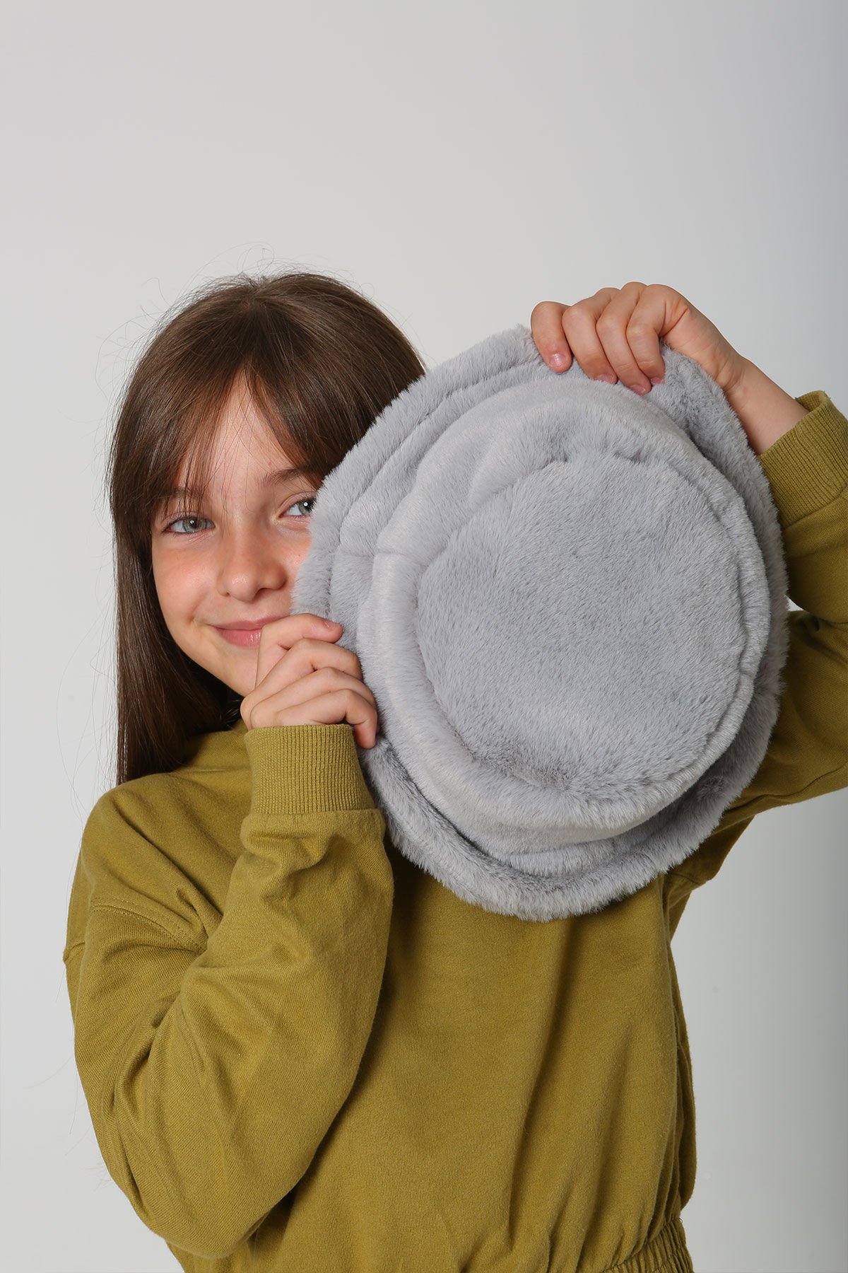 Çocuk Kürk Peluş Kova Bucket Yuvarlak Şapka - Gri