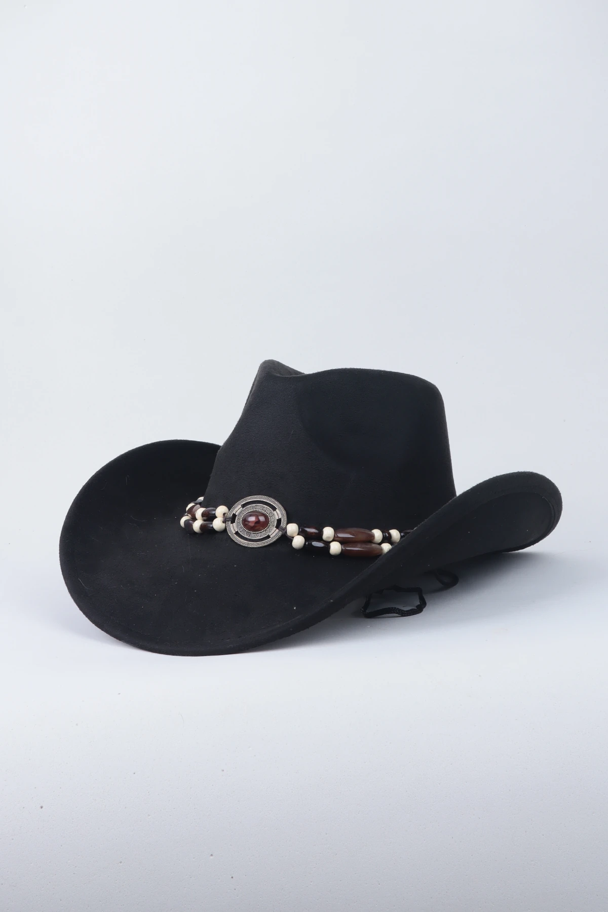 Kovboy Deri Kemer Detaylı Taş Figürlü Fötr Şapka - Siyah