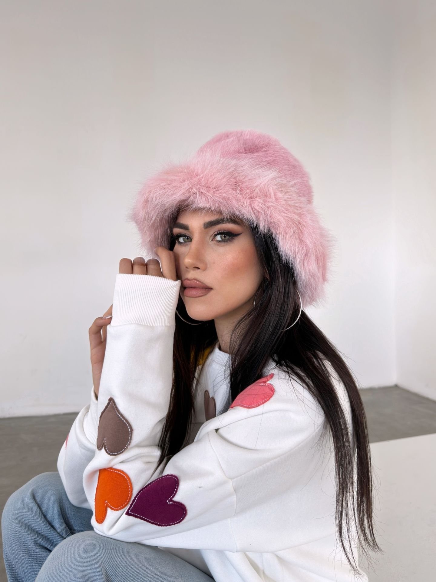 Kürk Yuvarlak Kalpak Şapka Peluş Bucket Şapka - Pembe