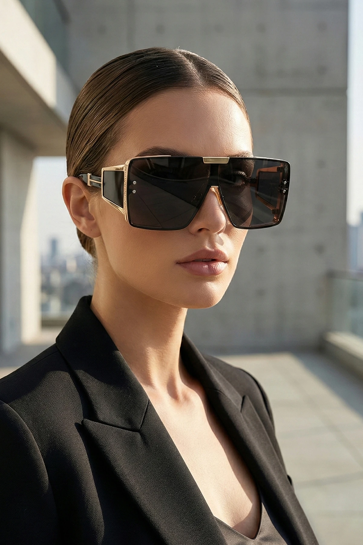 Büyük Dikdörtgen Metal Detaylı Güneş Gözlüğü - Siyah