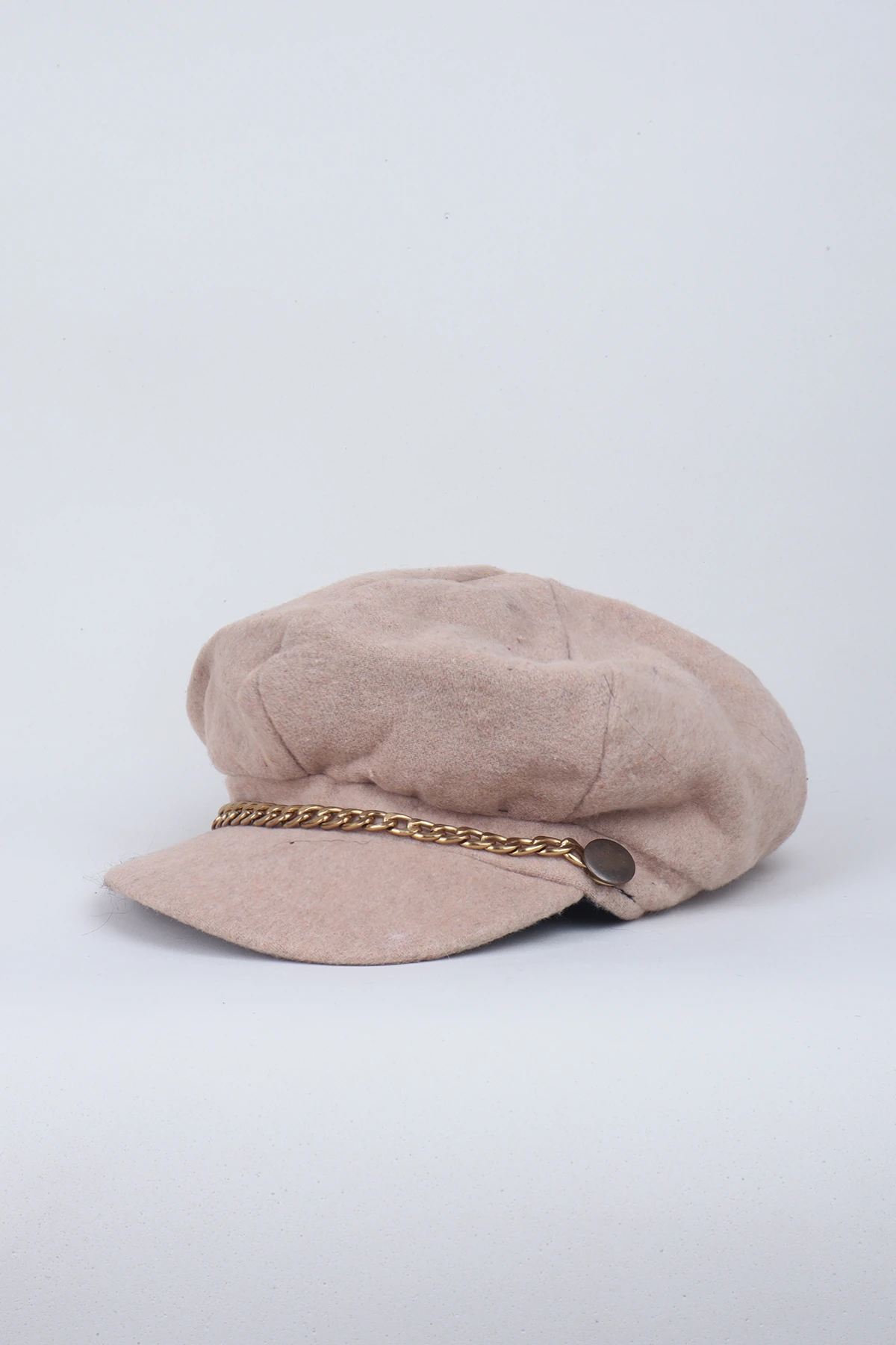 Zincir Detaylı Kaşe Kadın Balon Kasket Şapka - Vizon