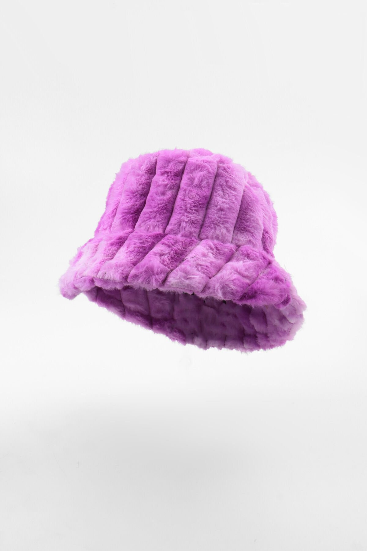 Mor Fitilli Desen Peluş Kürk Bucket Şapka