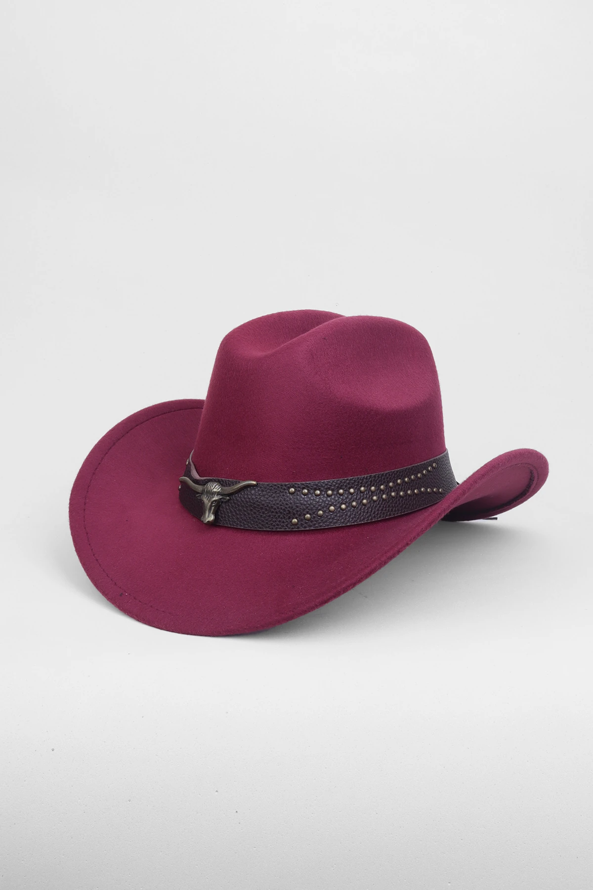 Kovboy Deri Detaylı Boğa Figürlü Fötr Şapka - Bordo