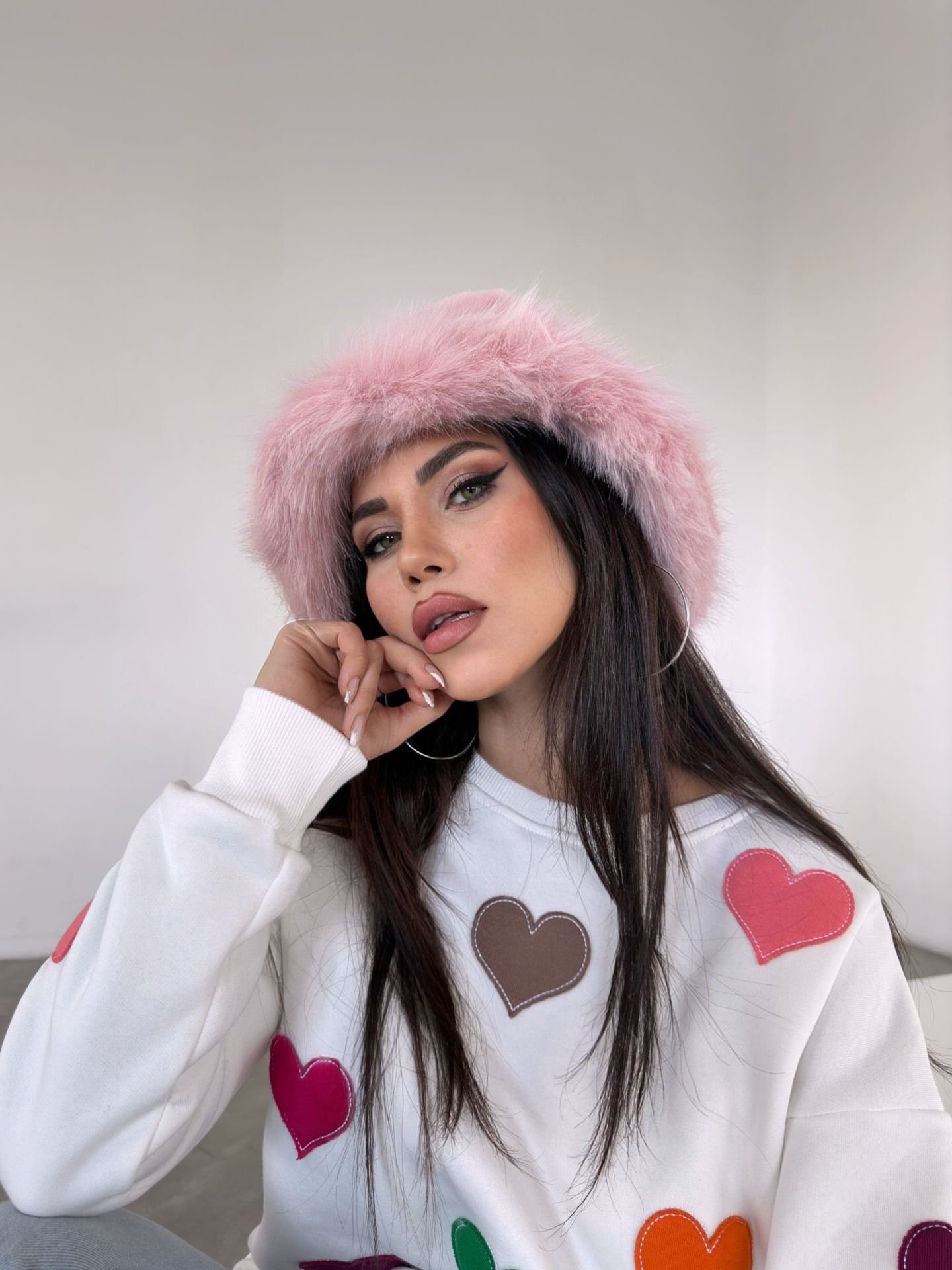 Kürk Yuvarlak Kalpak Şapka Peluş Bucket Şapka - Pembe