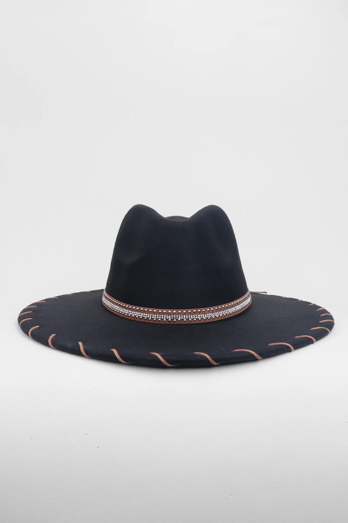 Kristal Taşlı Şerit Detaylı Fötr Panama Şapka - Siyah
