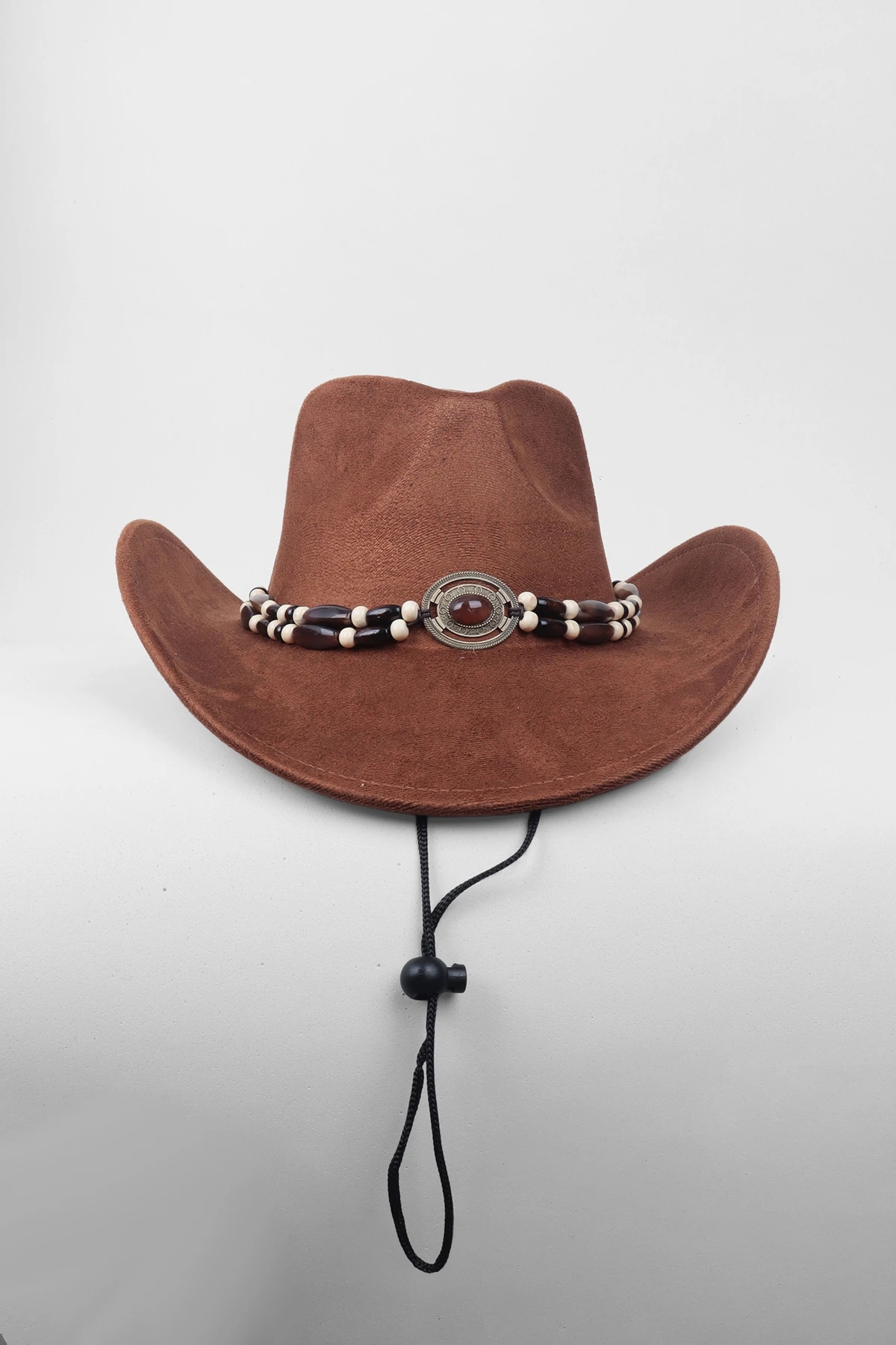 Kovboy Deri Kemer Detaylı Taş Figürlü Fötr Şapka - Kahve