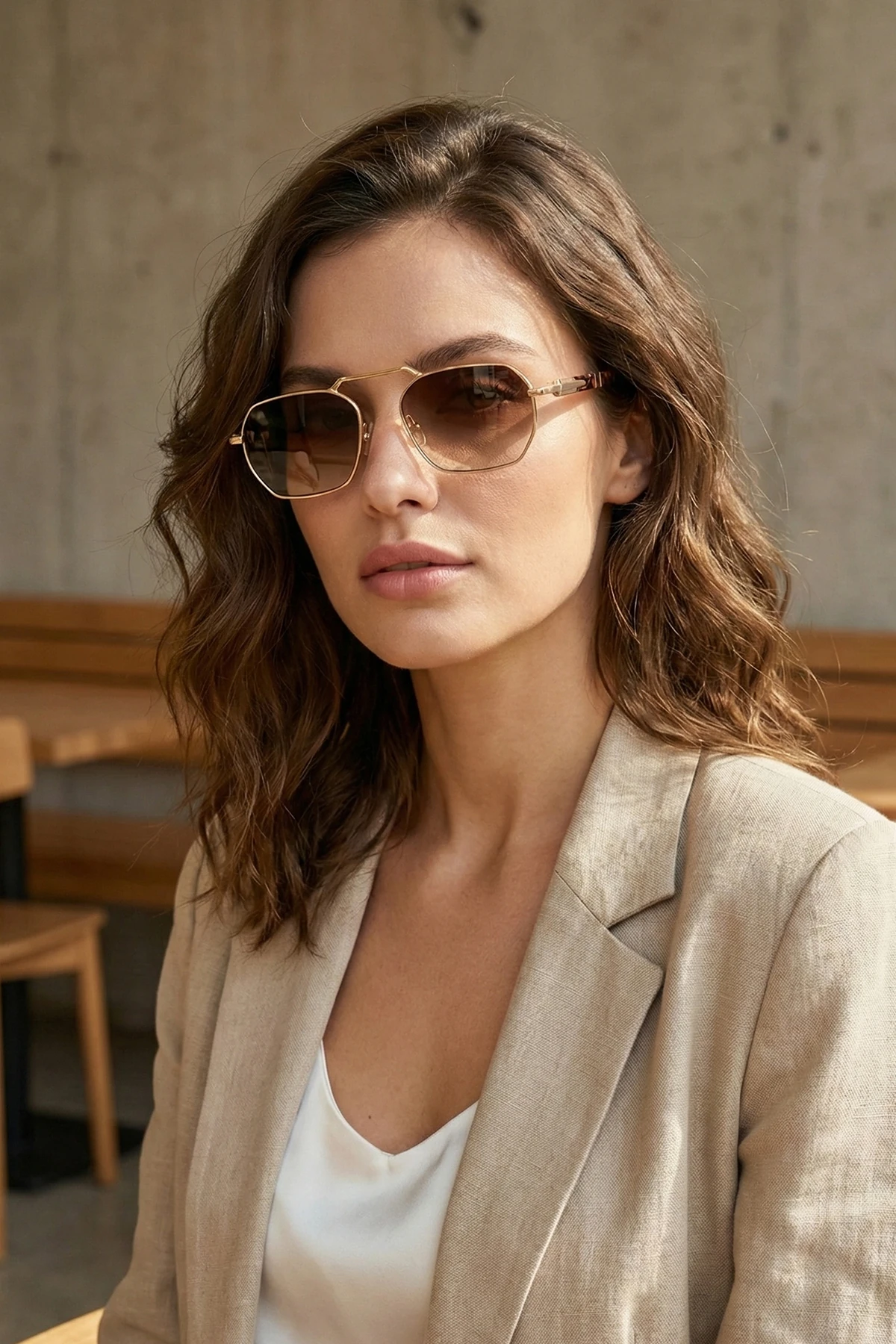 Eşref Tek Metal Detaylı Dikdörtgen Unisex Güneş Gözlüğü - Gold Çerçeve Kahverengi Degrade Cam