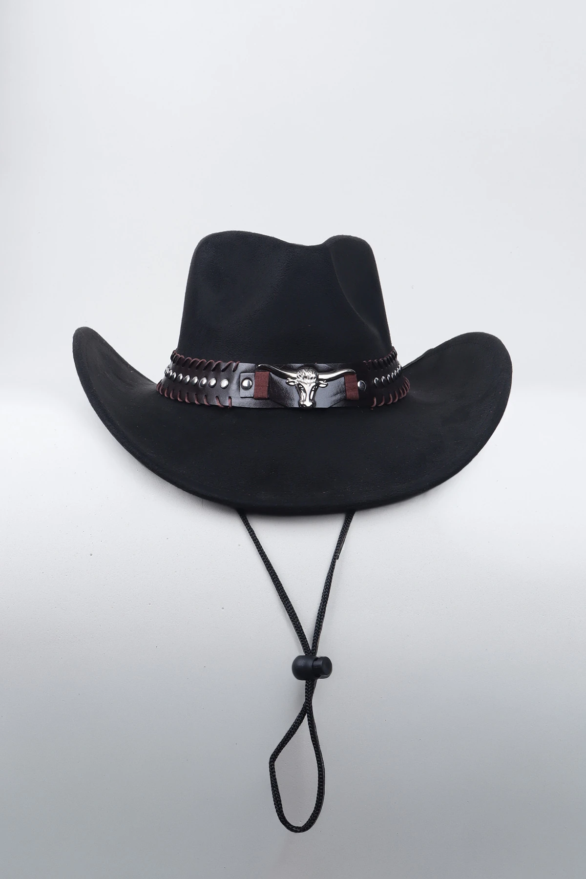 Kovboy Boğa Kemer Detaylı Taş Figürlü Fötr Şapka - Siyah