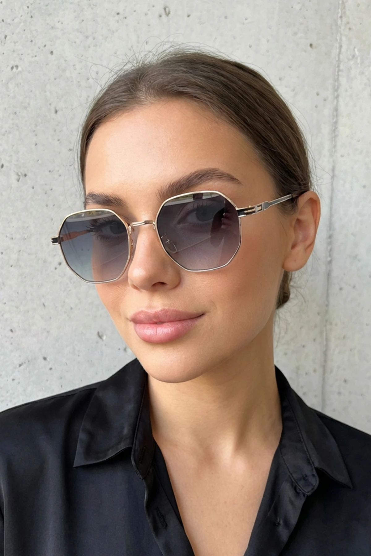 Metal Tasarım Altıgen Unisex Güneş Gözlüğü - Gold Siyah