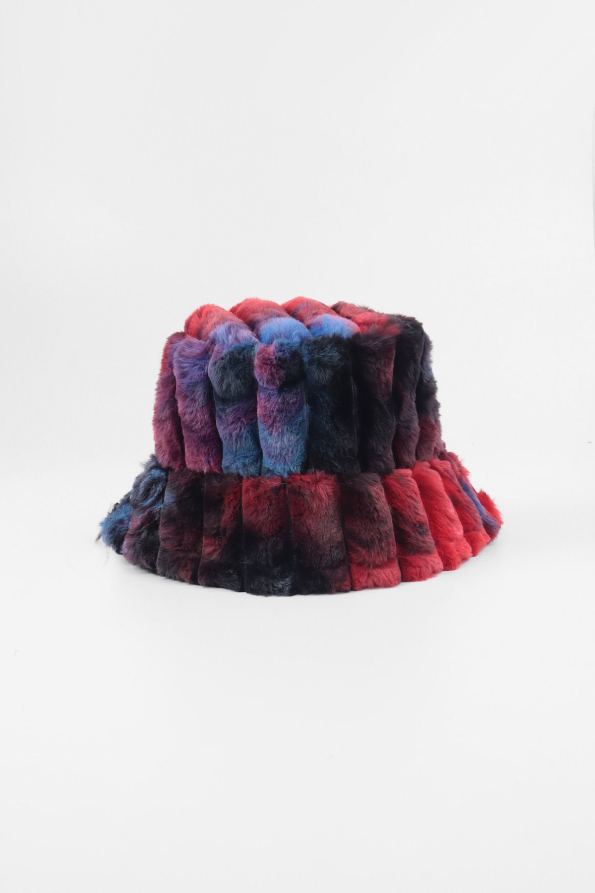 Kırmızı Mavi Fitilli Desen Peluş Kürk Bucket Şapka