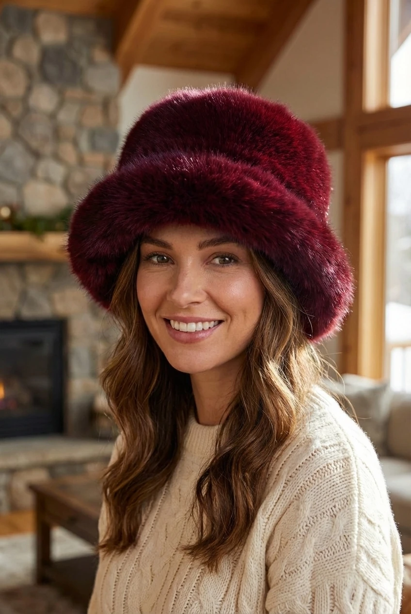 Bordo Suni Kürk Peluş Kalpak Şapka