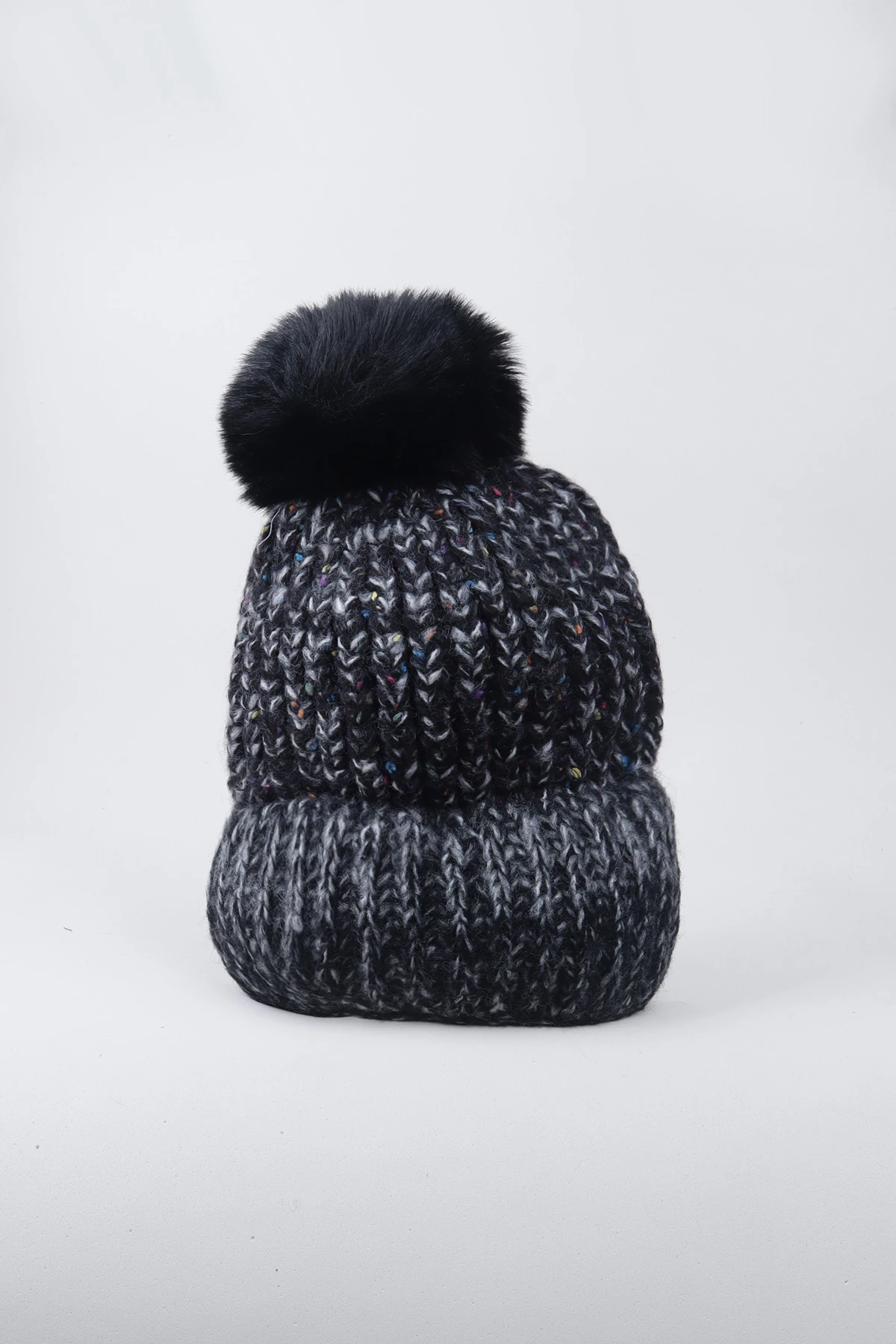 Ponponlu Örgü Yün Bere İçi Polarlı - Füme