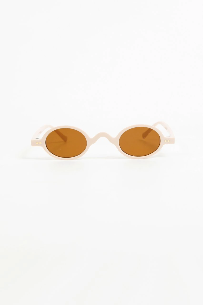 Krem Çerçeve Oval Güneş Gözlüğü - Şeffaf Mavi Cam