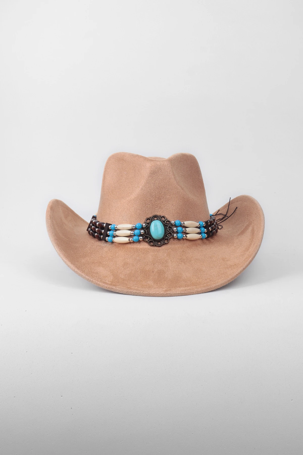 Kovboy Boncuk Kemer Detaylı Taş Figürlü Fötr Şapka - Bej
