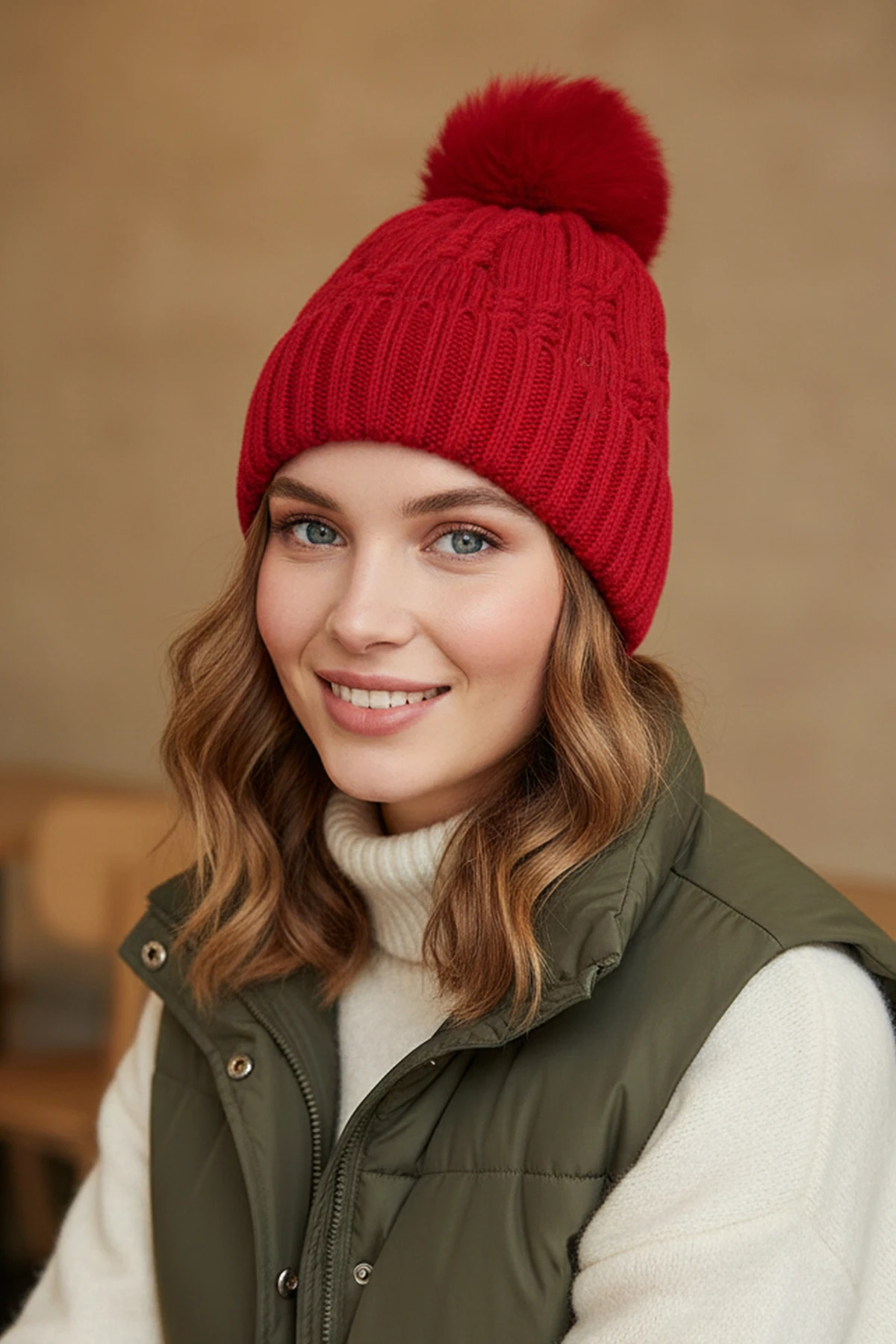 Ponponlu Örgü Bere İçi Polarlı - Kırmızı