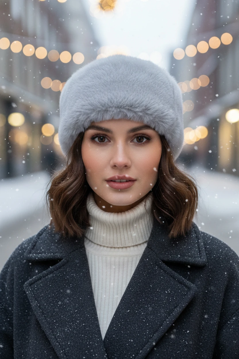 Gri Suni Kürk Peluş Kalpak Şapka