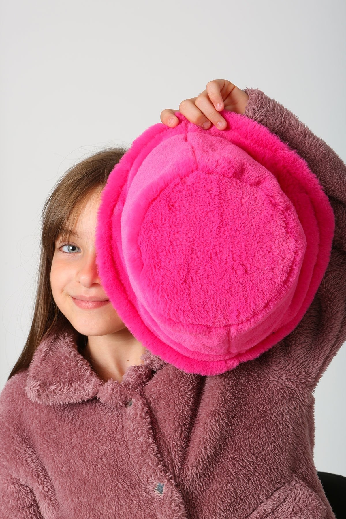 Çocuk Kürk Peluş Kova Bucket Yuvarlak Şapka - Fuşya