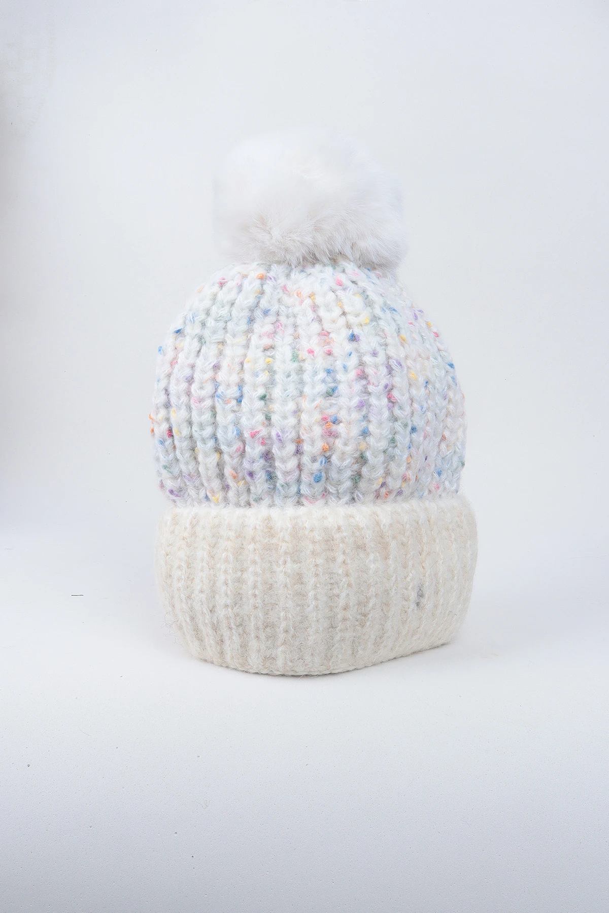 Ponponlu Örgü Yün Bere İçi Polarlı - Beyaz