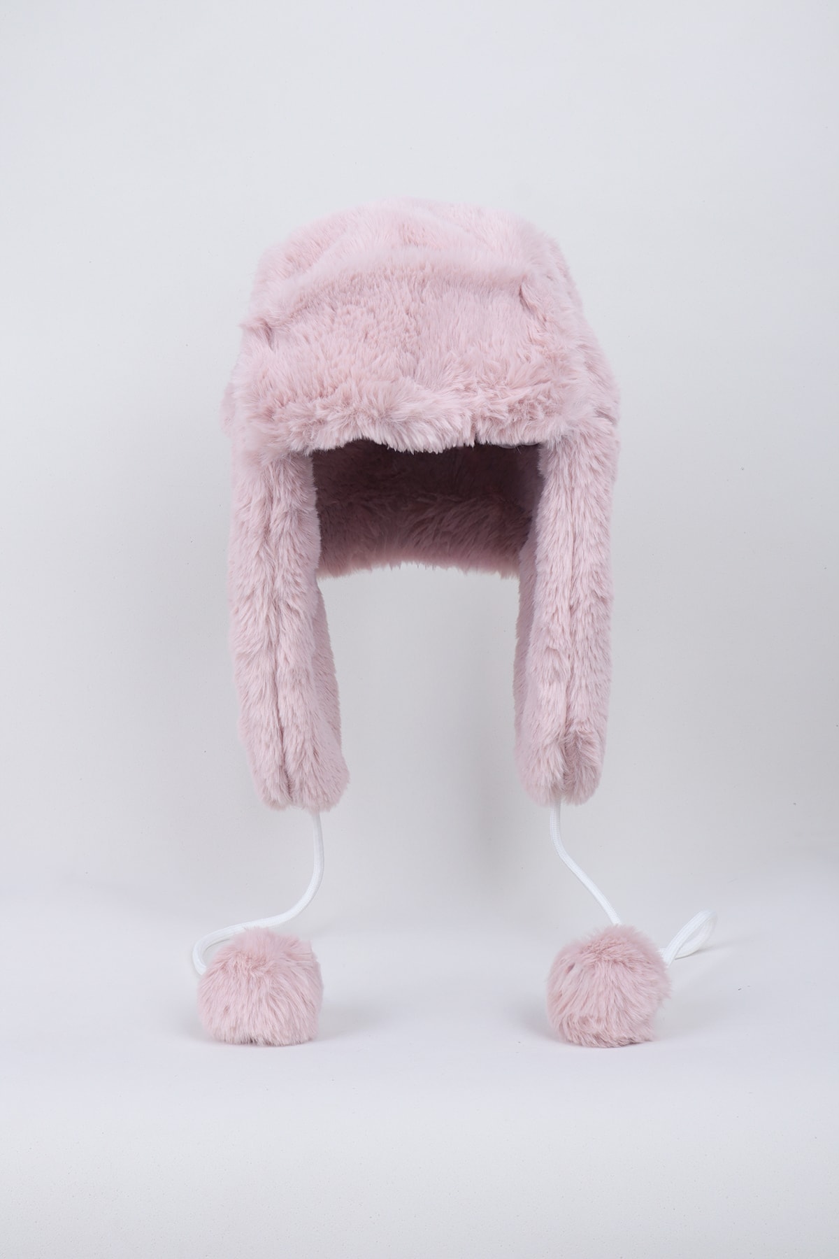 Suni Kürk Peluş Kulaklı Ponpon Detaylı Şapka - Pembe
