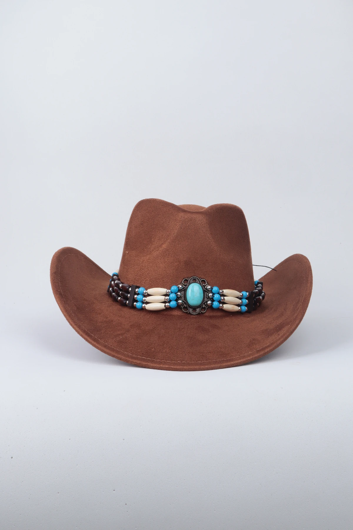 Kovboy Boncuk Kemer Detaylı Taş Figürlü Fötr Şapka - Kahve