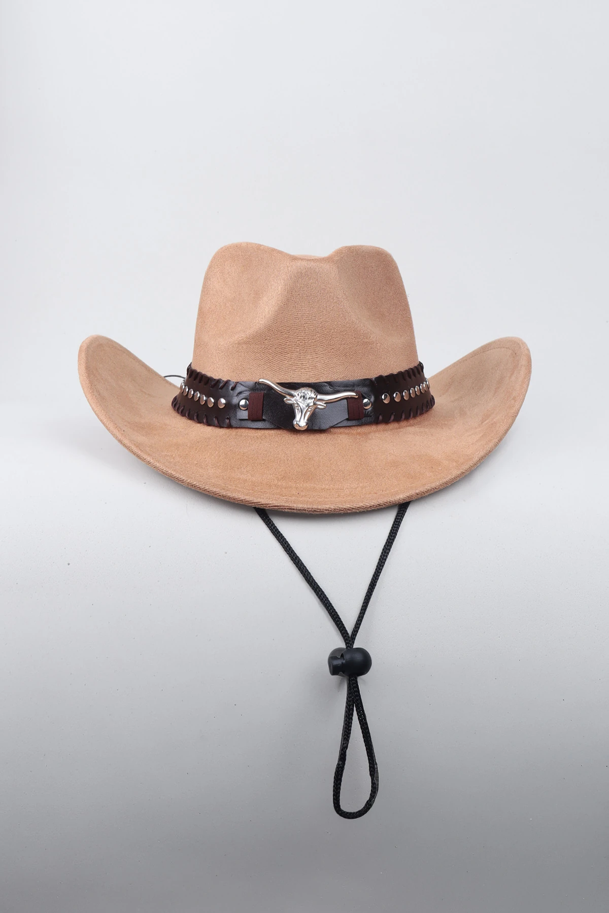 Kovboy Boğa Kemer Detaylı Taş Figürlü Fötr Şapka - Bej
