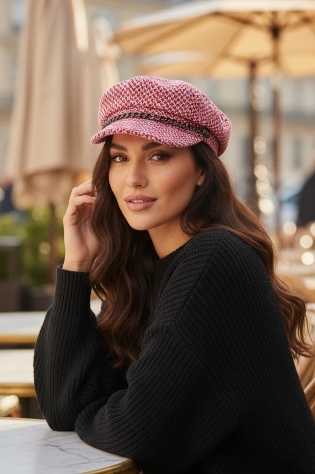 Zincir Detaylı Kaşe Kadın Balon Kasket Şapka - Kırmızı Kaz Ayağı