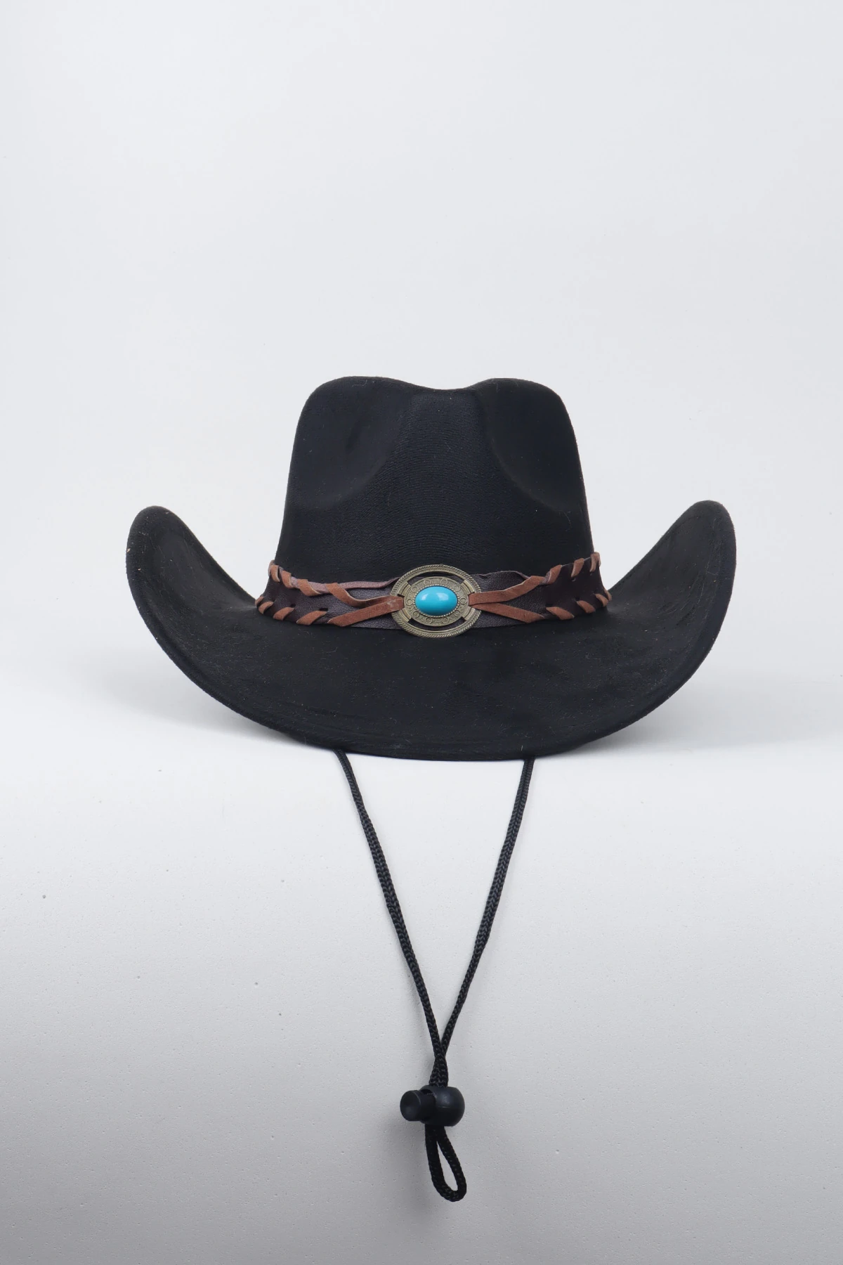 Kovboy Boncuk Kemer Detaylı Taş Figürlü Fötr Şapka - Siyah