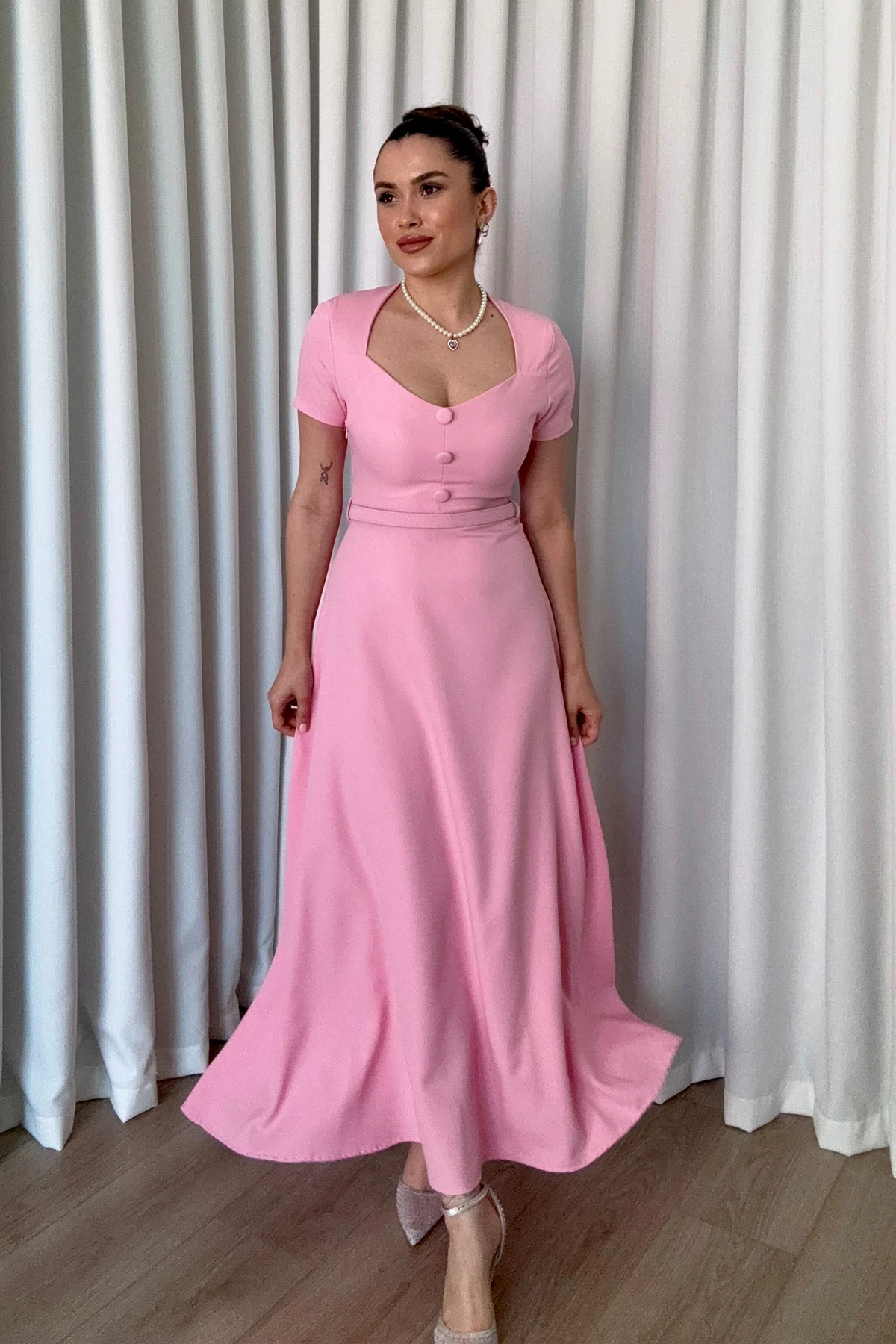 Midi Boy Kiloş Elbise - Toz pembe