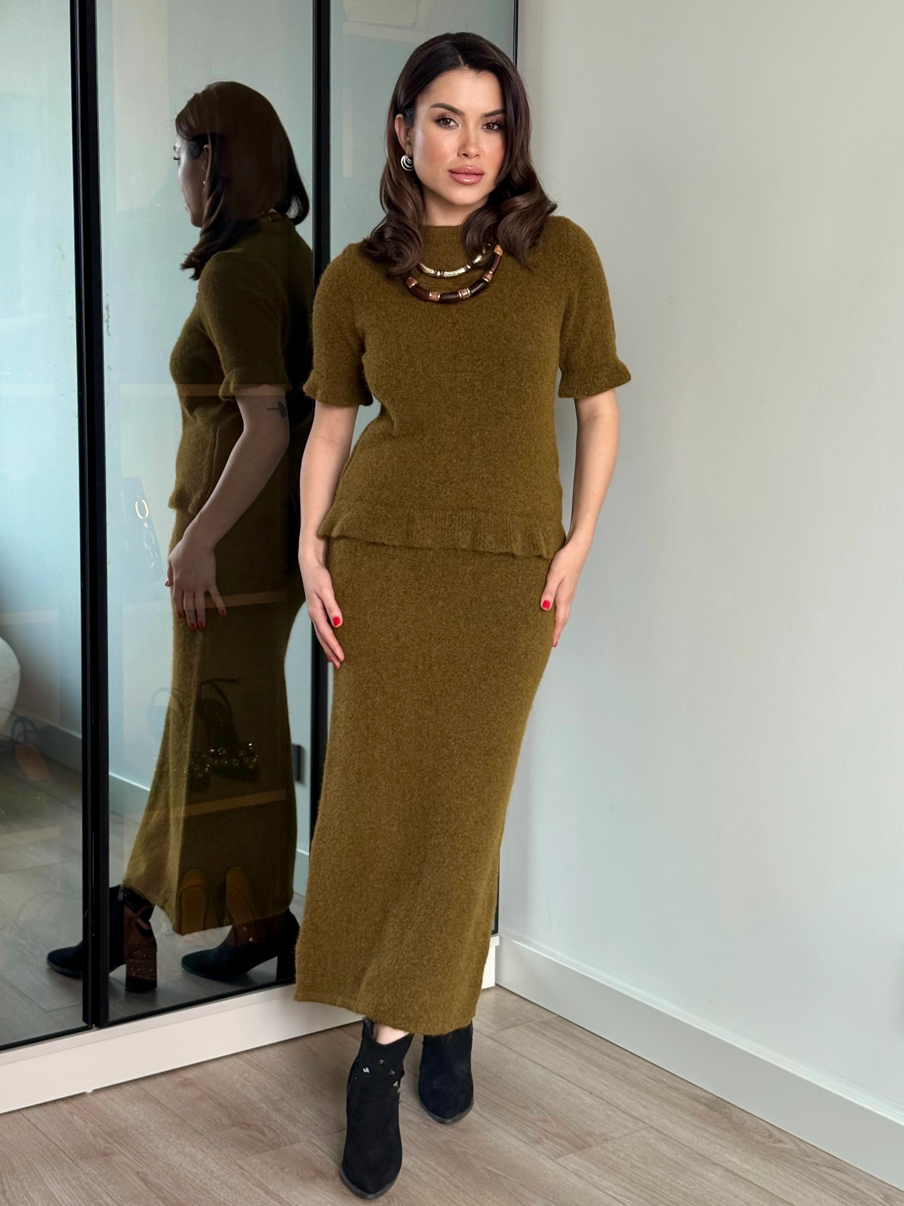 Etek-Bluz Triko Takım - Yağ yeşili