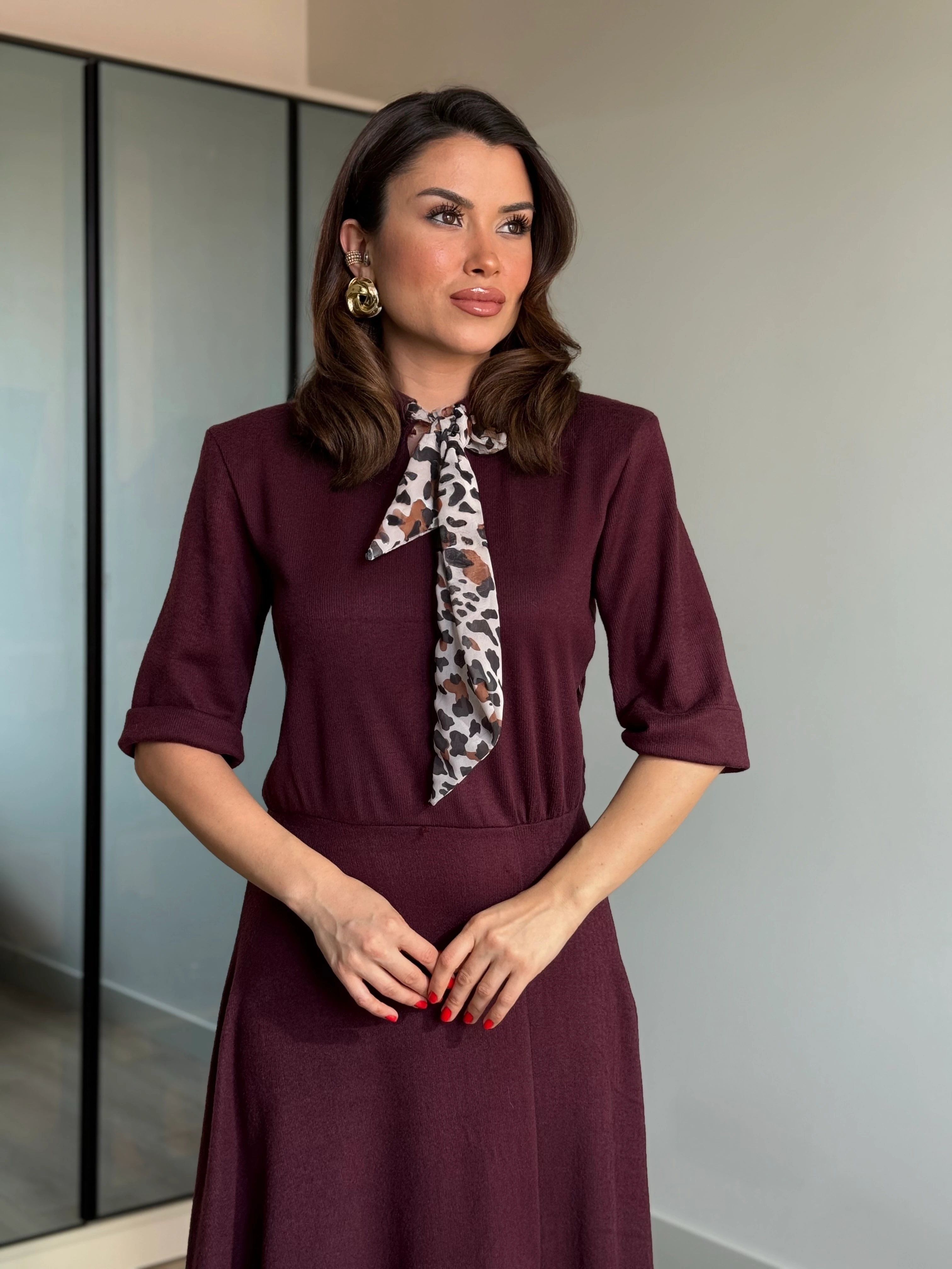 KURDELE DETAY YANDAN FERMUARLI ELBİSE - Bordo