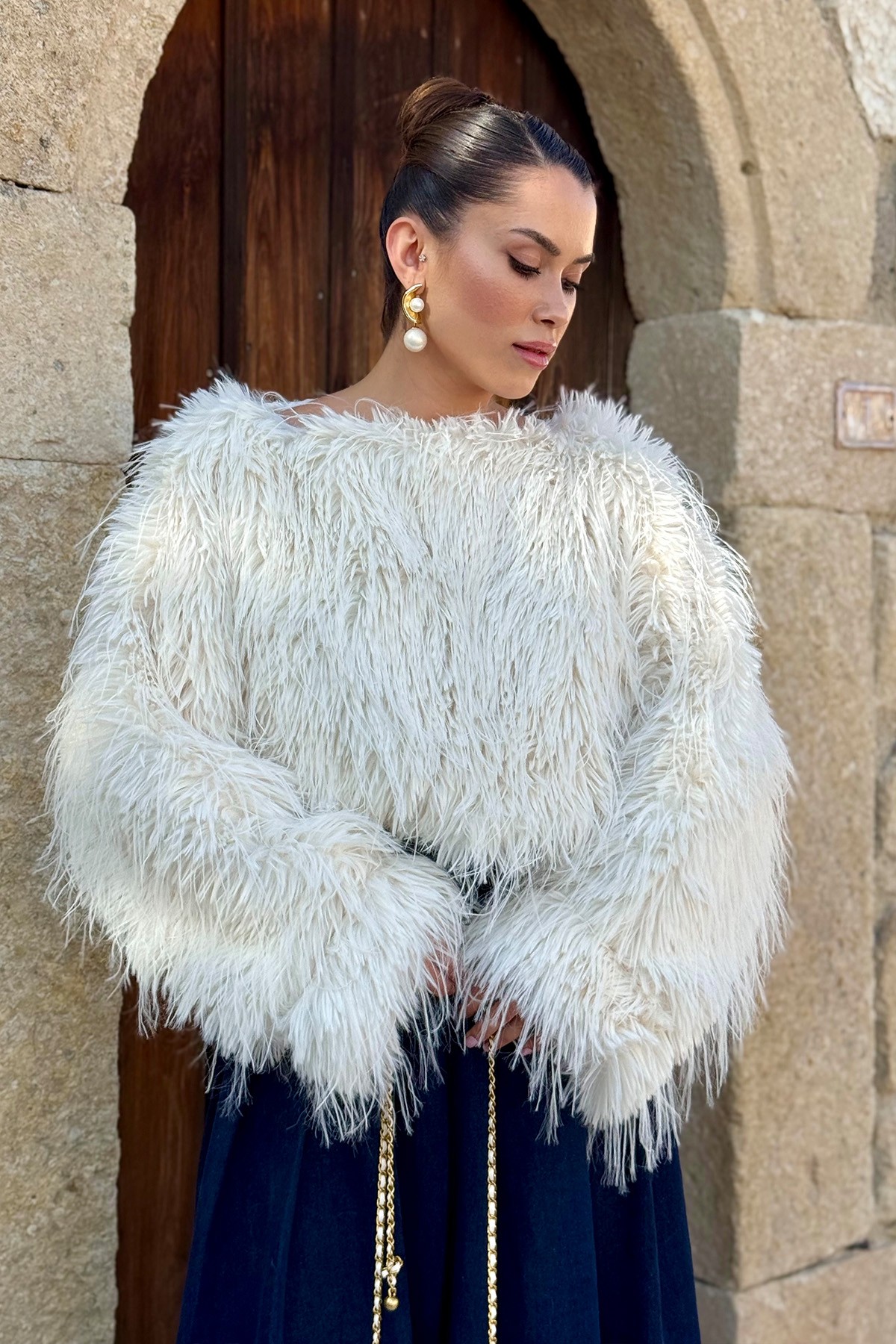 Lüks Crop Kürk - kırık beyaz