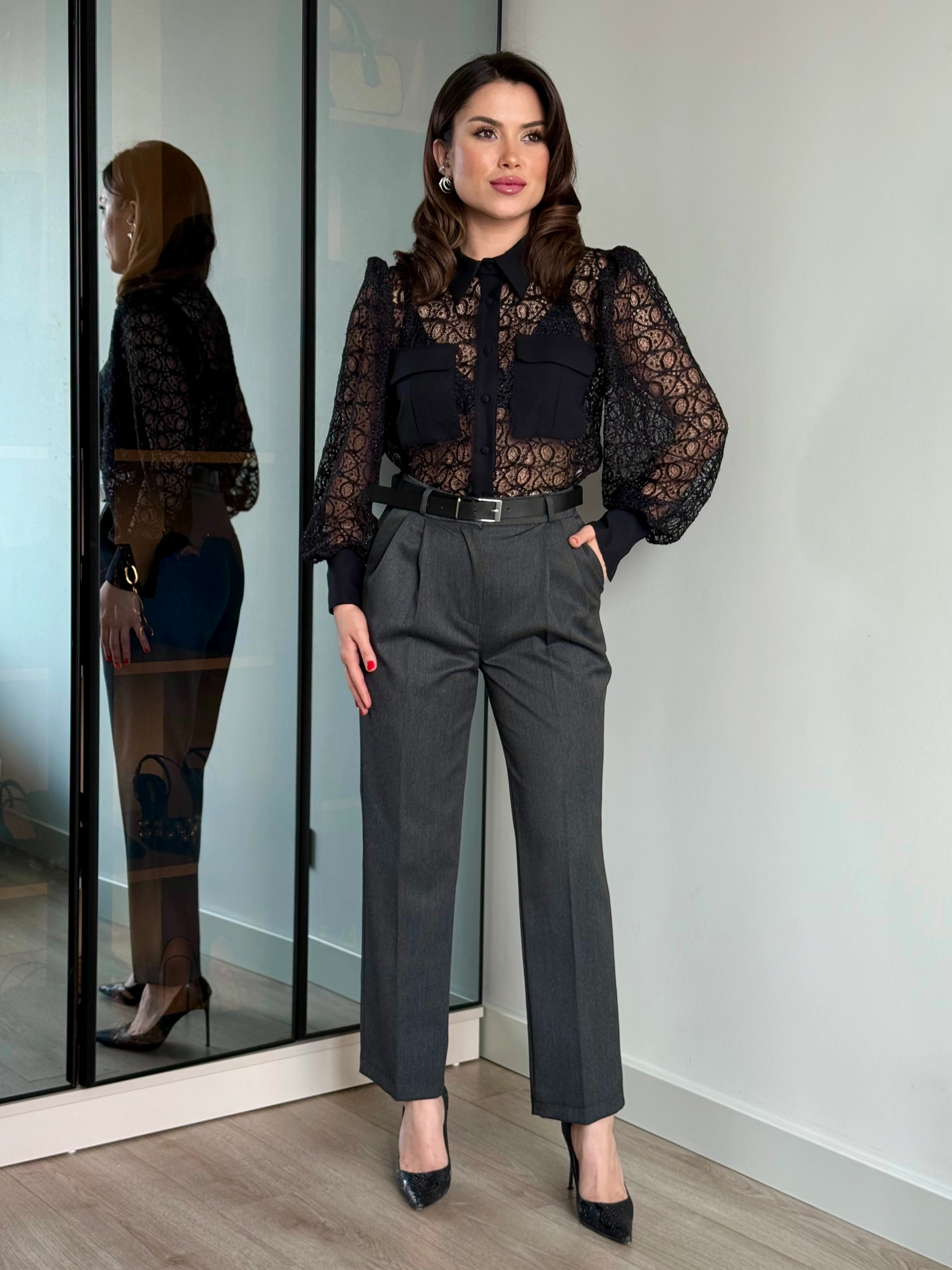 Pile Detaylı Yüksek Bel Kemerli Pantolon - Gri