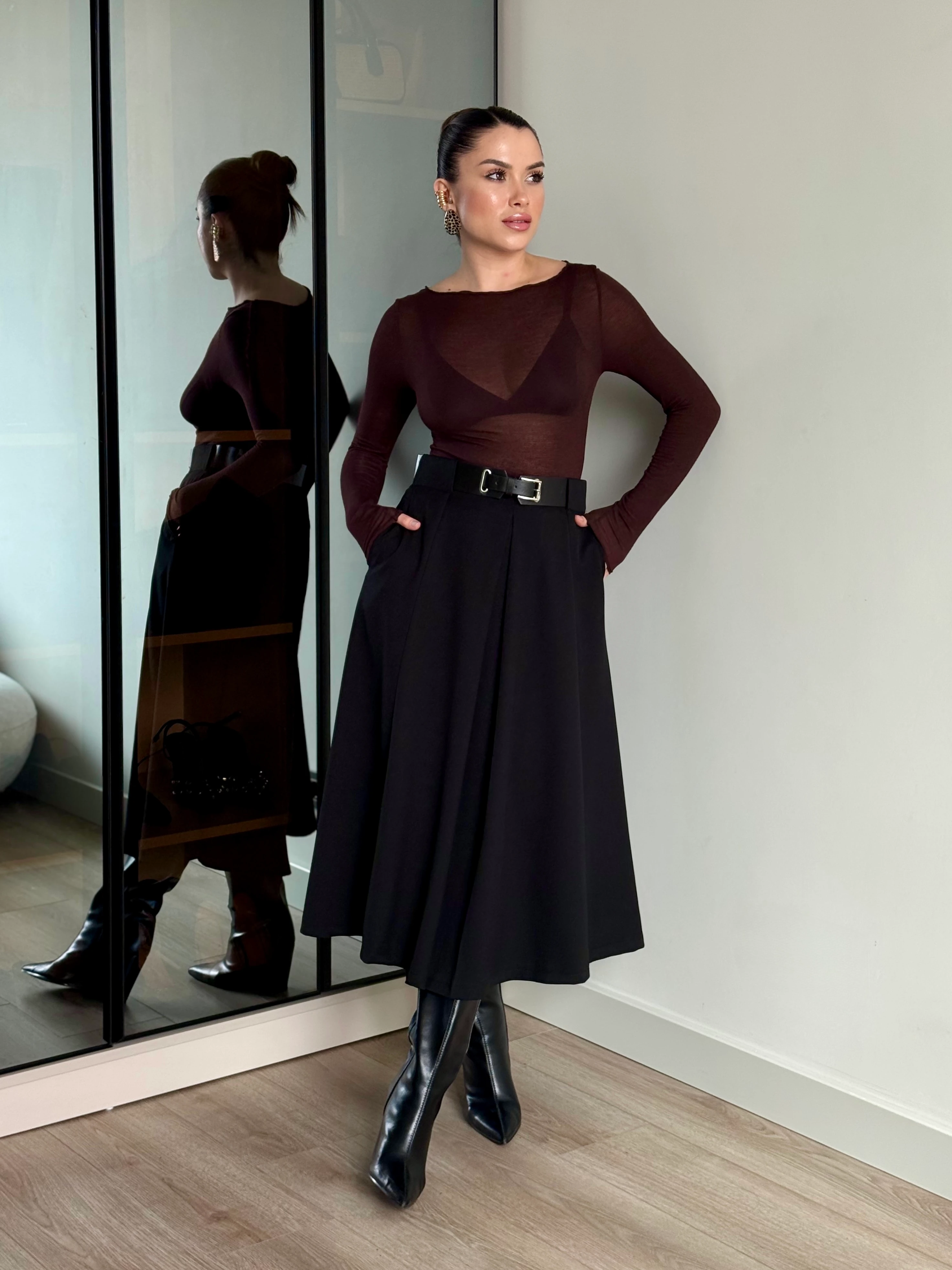 Kemerli Midi Boy Etek - Siyah