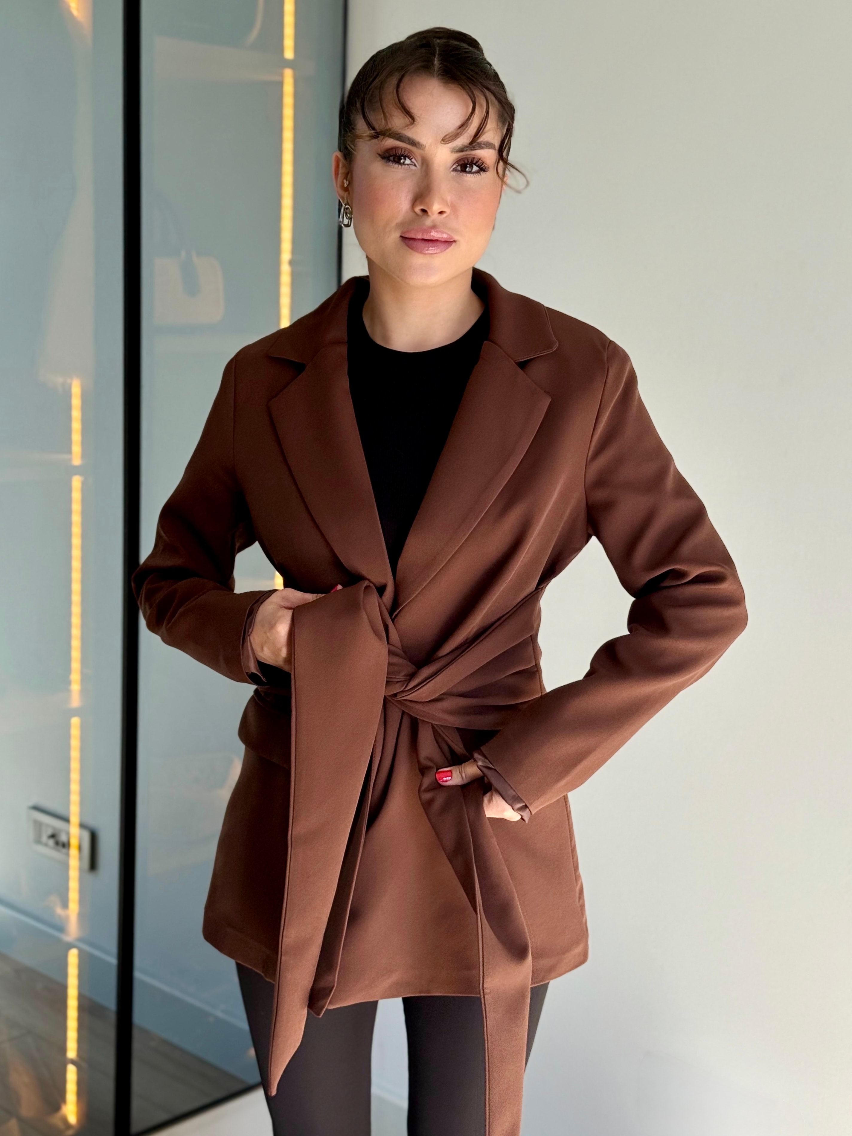 Kuşaklı Blazer Ceket - kahverengi