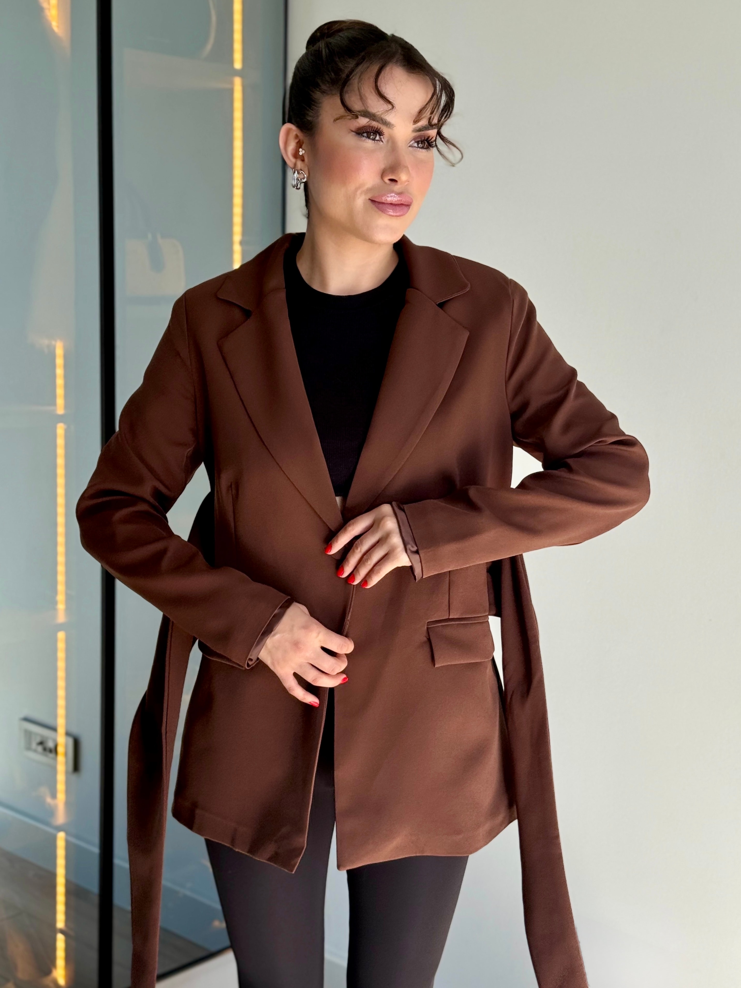 Kuşaklı Blazer Ceket - kahverengi