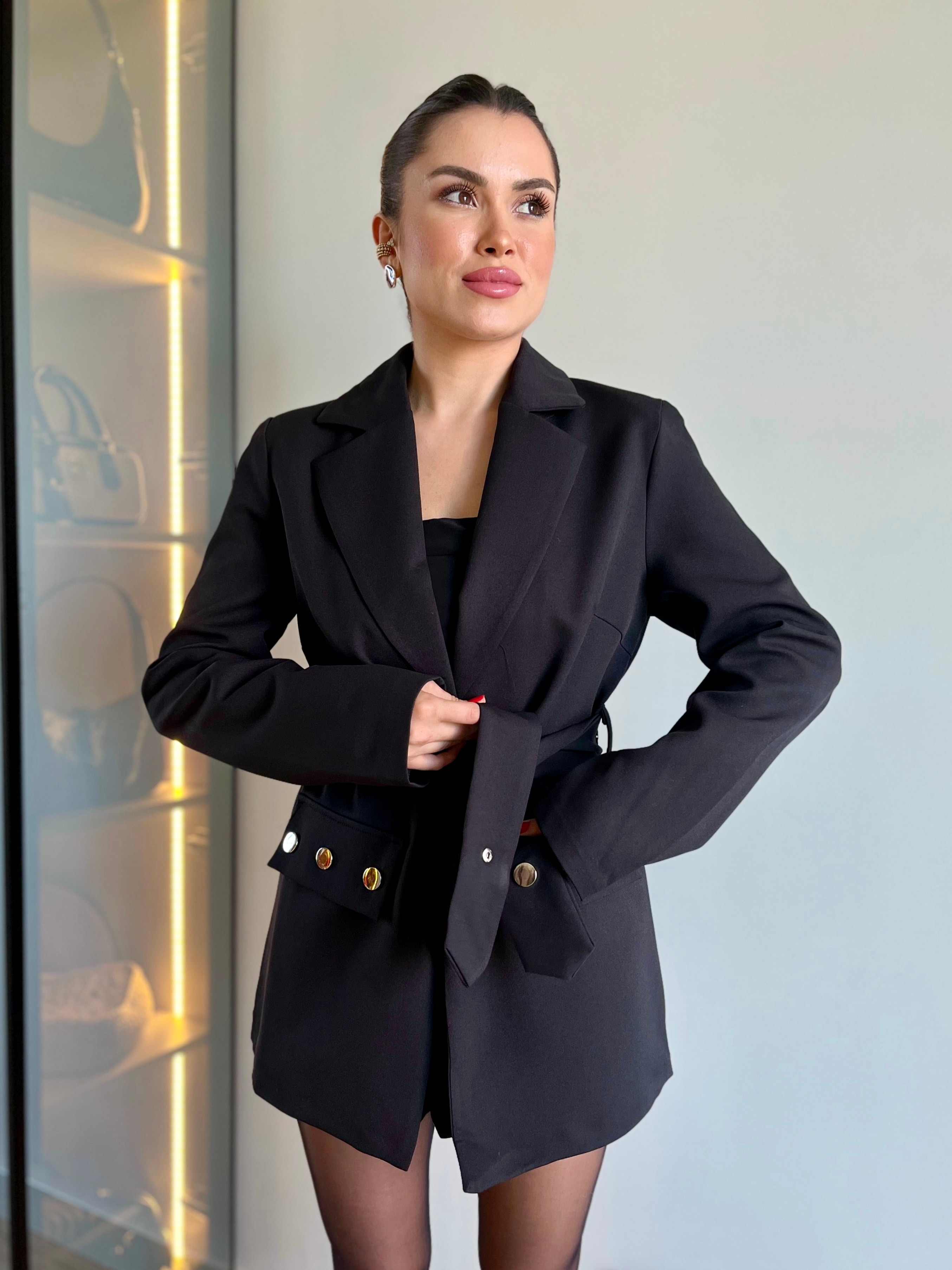 Zımba Düğmeli Siyah Kruvaze Ceket  - Siyah