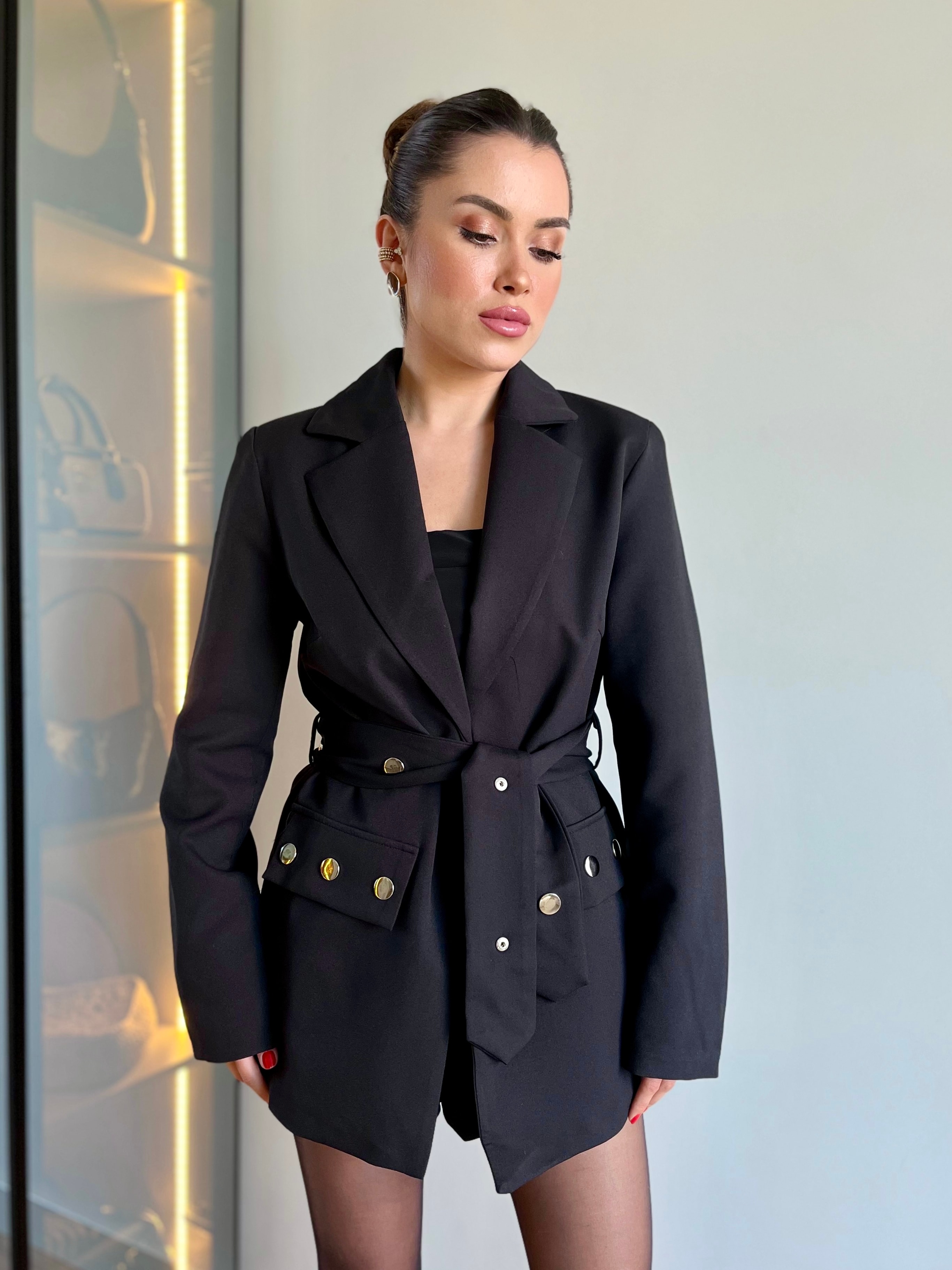 Zımba Düğmeli Siyah Kruvaze Ceket  - Siyah