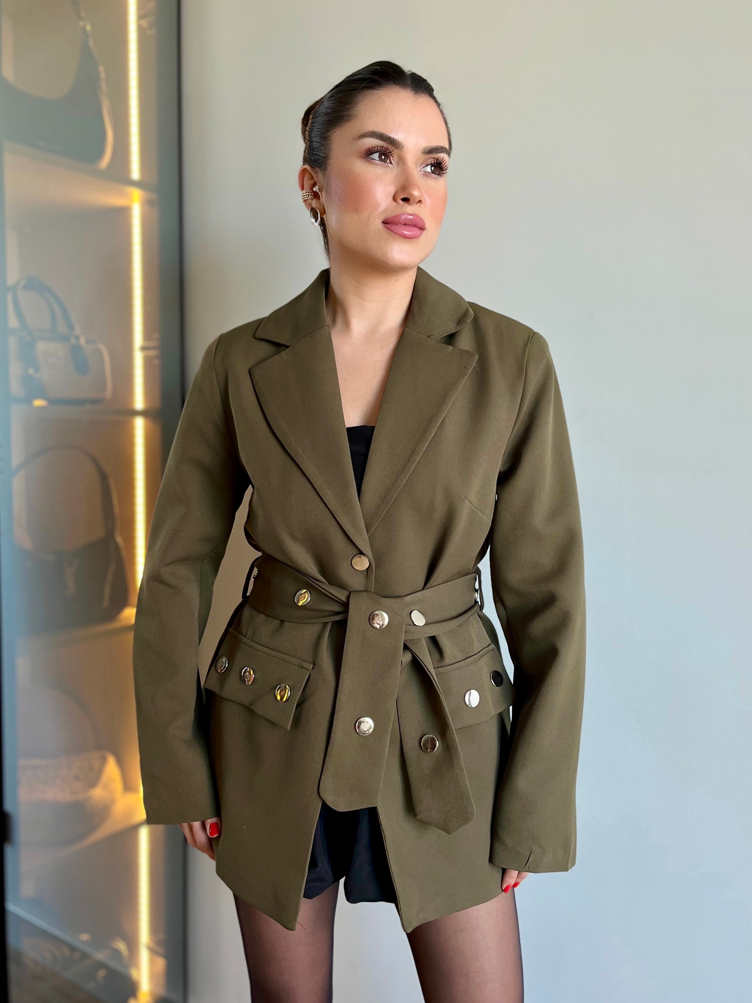 Zımba Düğmeli Siyah Kruvaze Ceket  - Haki yeşili