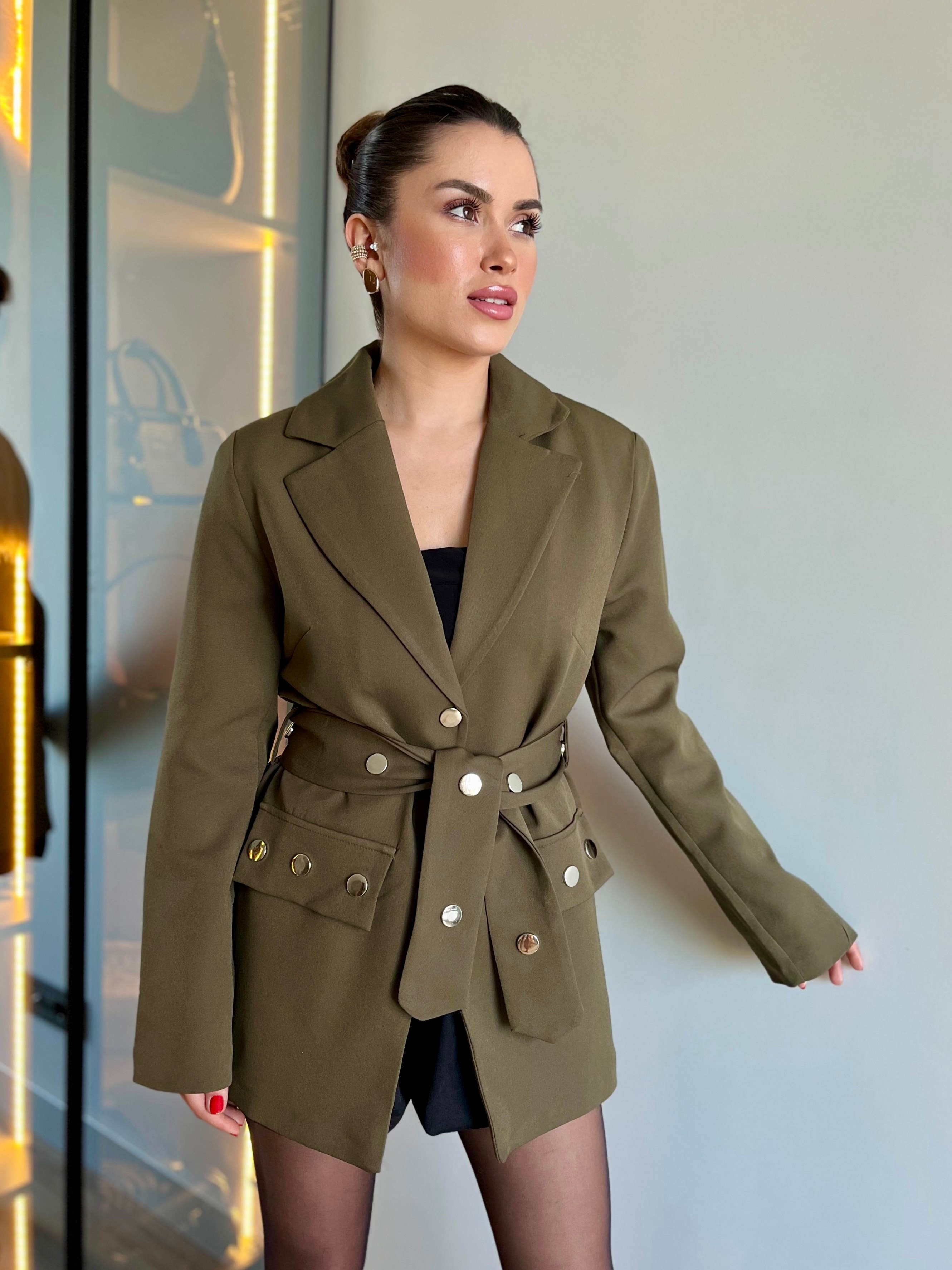 Zımba Düğmeli Siyah Kruvaze Ceket  - Haki yeşili